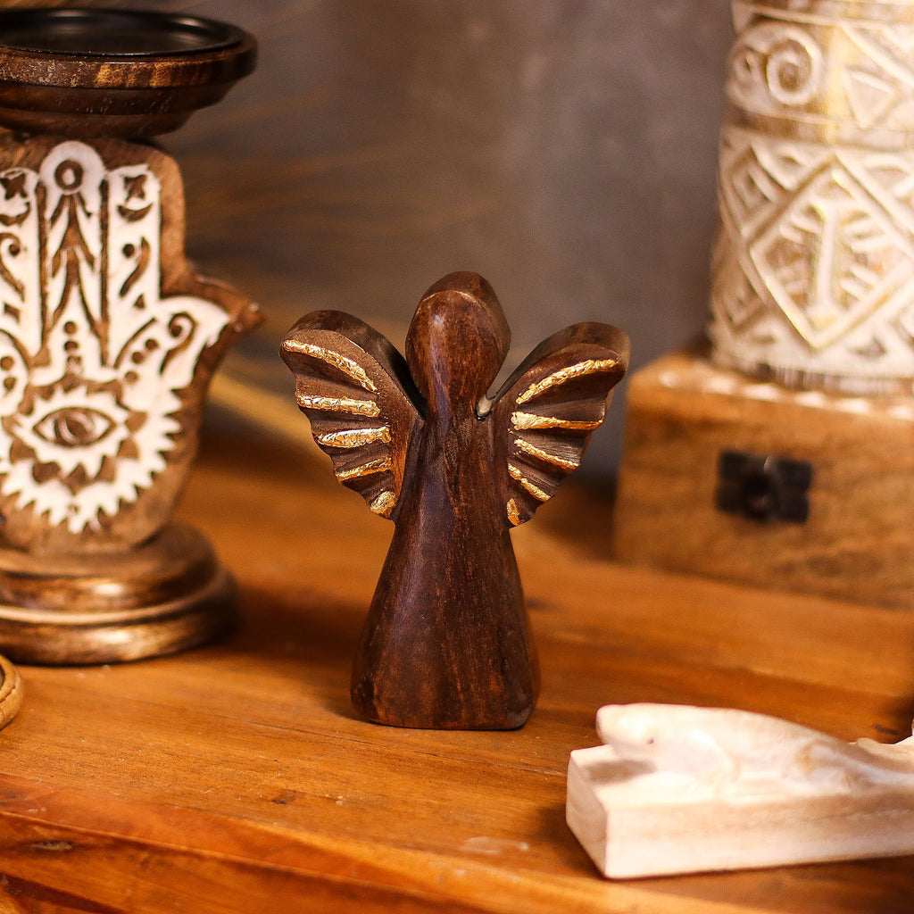 Small Mango Wood Angel - Gold Decor 12cm