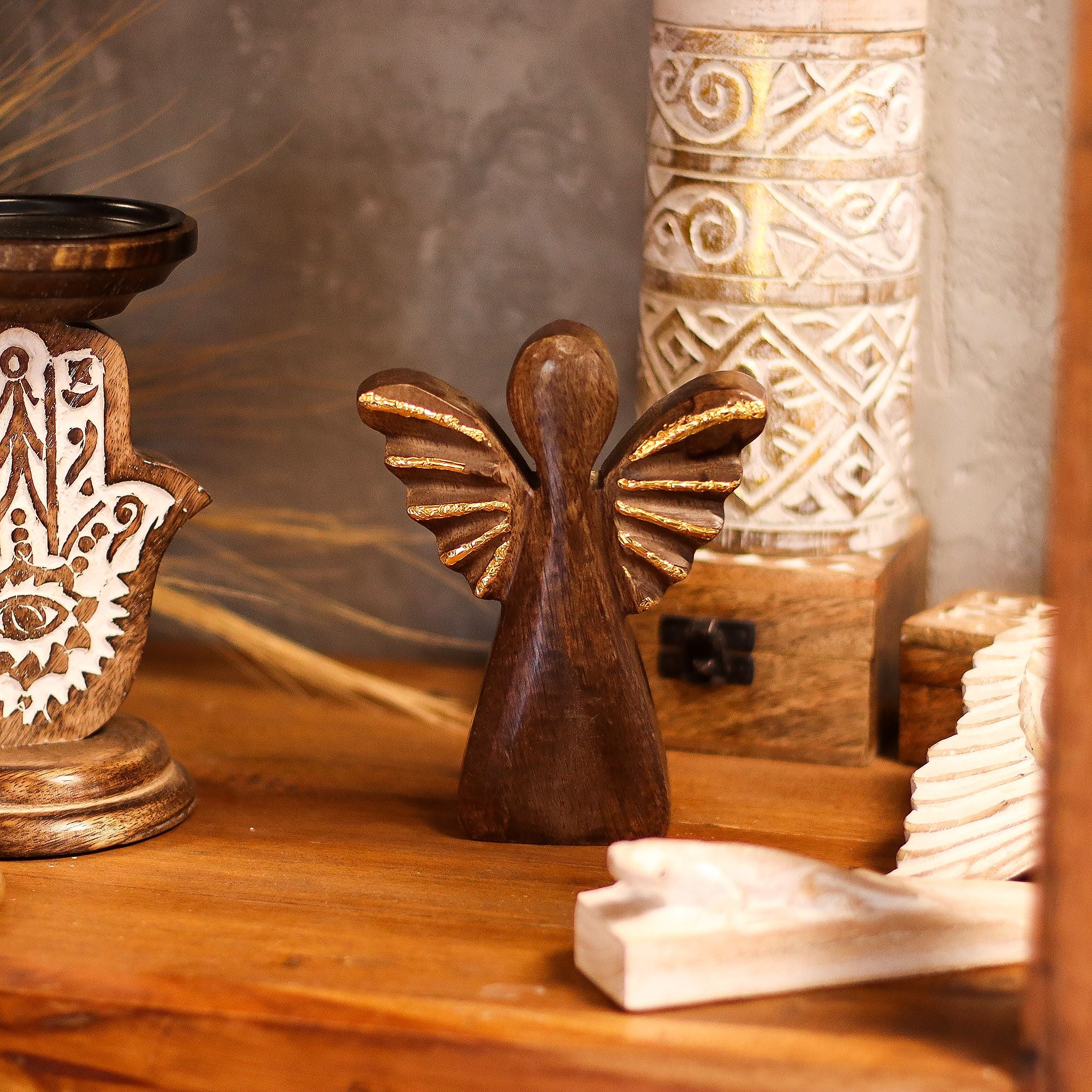 Medium Mango Wood Angel - Gold Decor 16cm