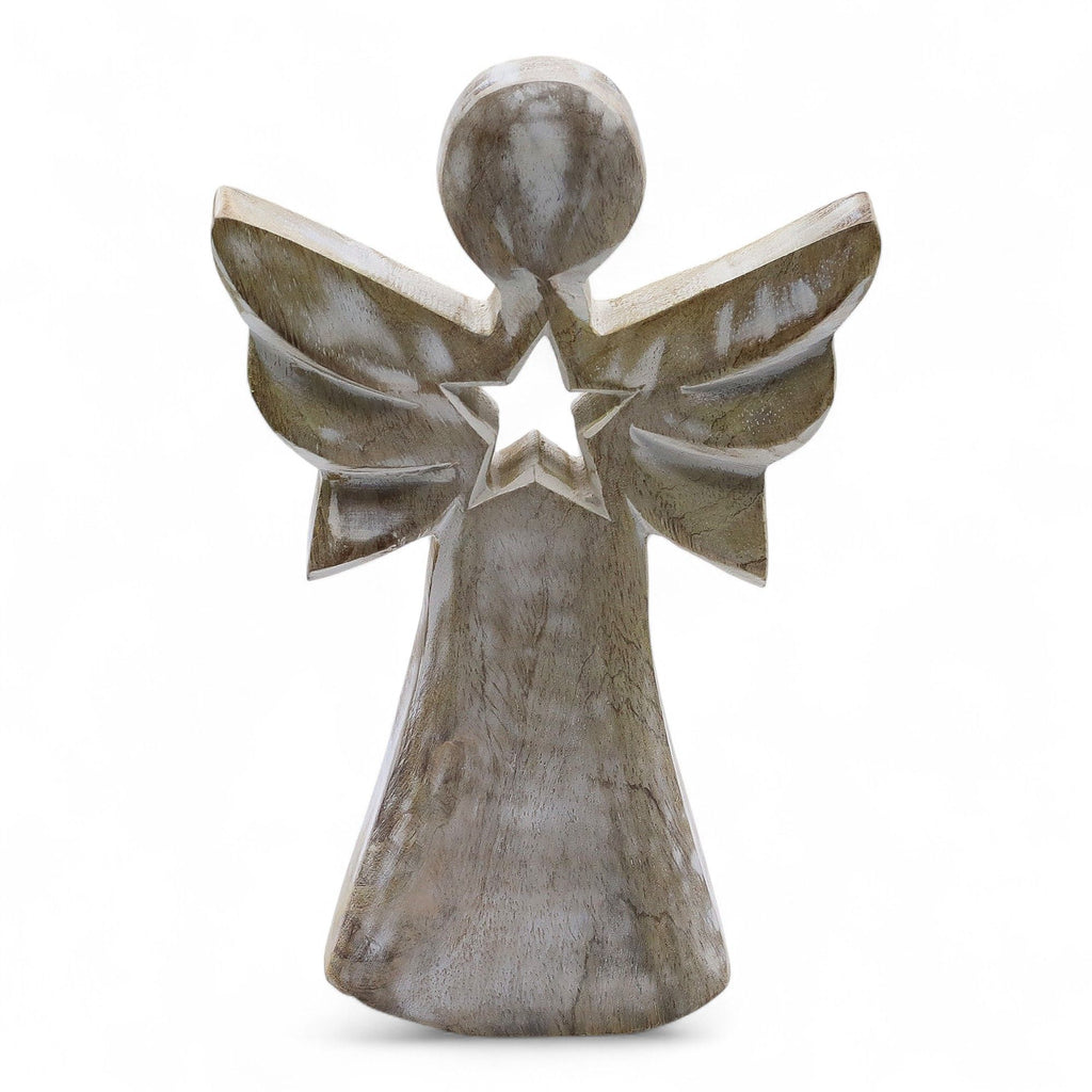 Mango Wood Angel - Whitewash with Star Cut Out 18cm