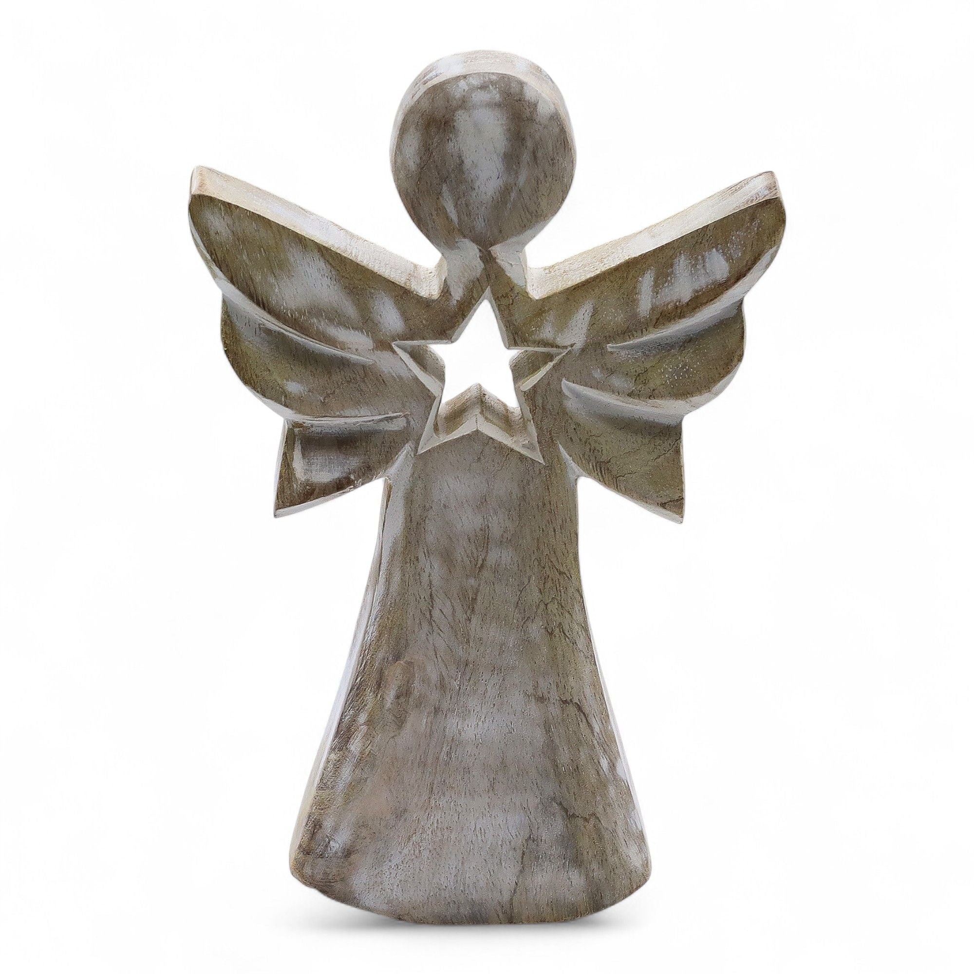 Mango Wood Angel - Whitewash with Star Cut Out 18cm