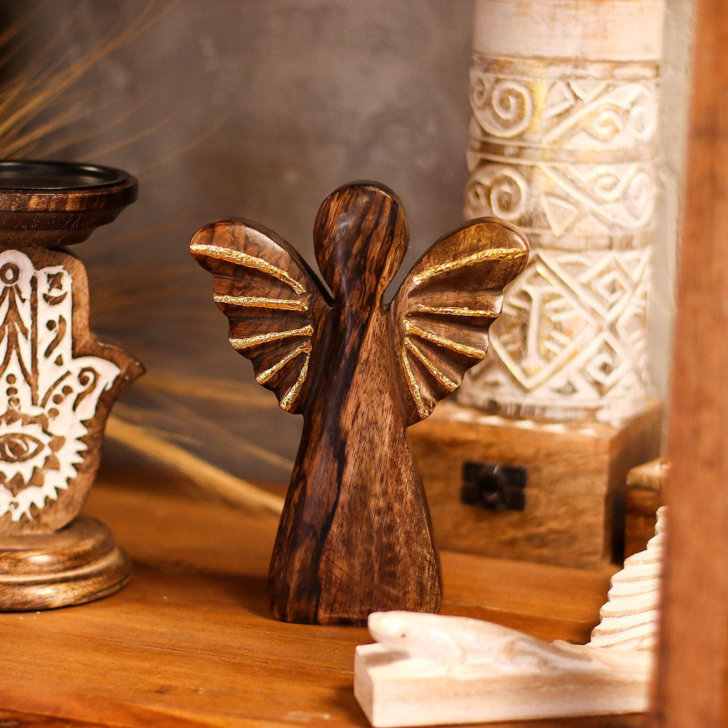 Large Mango Wood Angel - Gold Decor 19cm