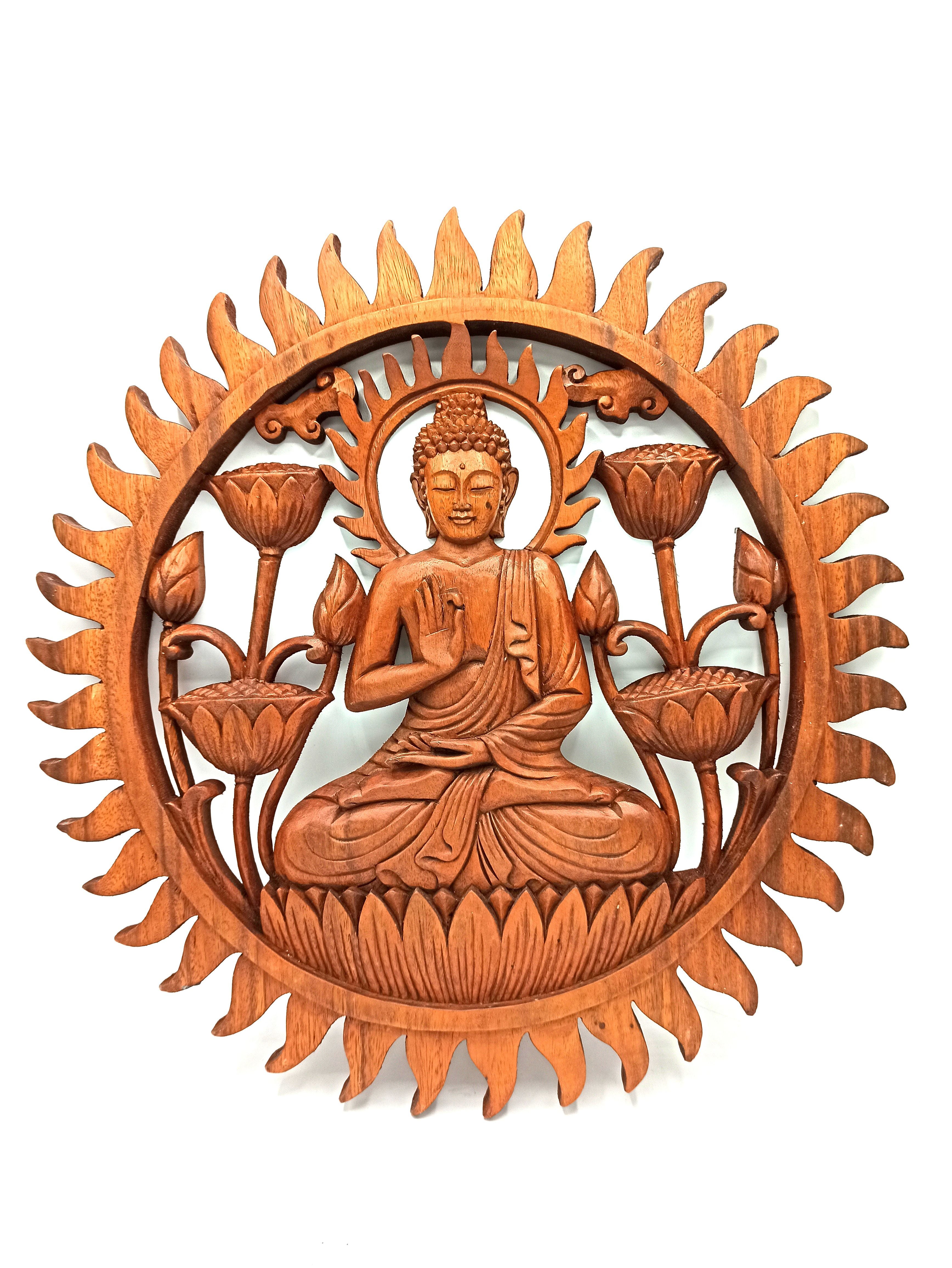 Wooden Panel - 40cm - Buddha & Lotus