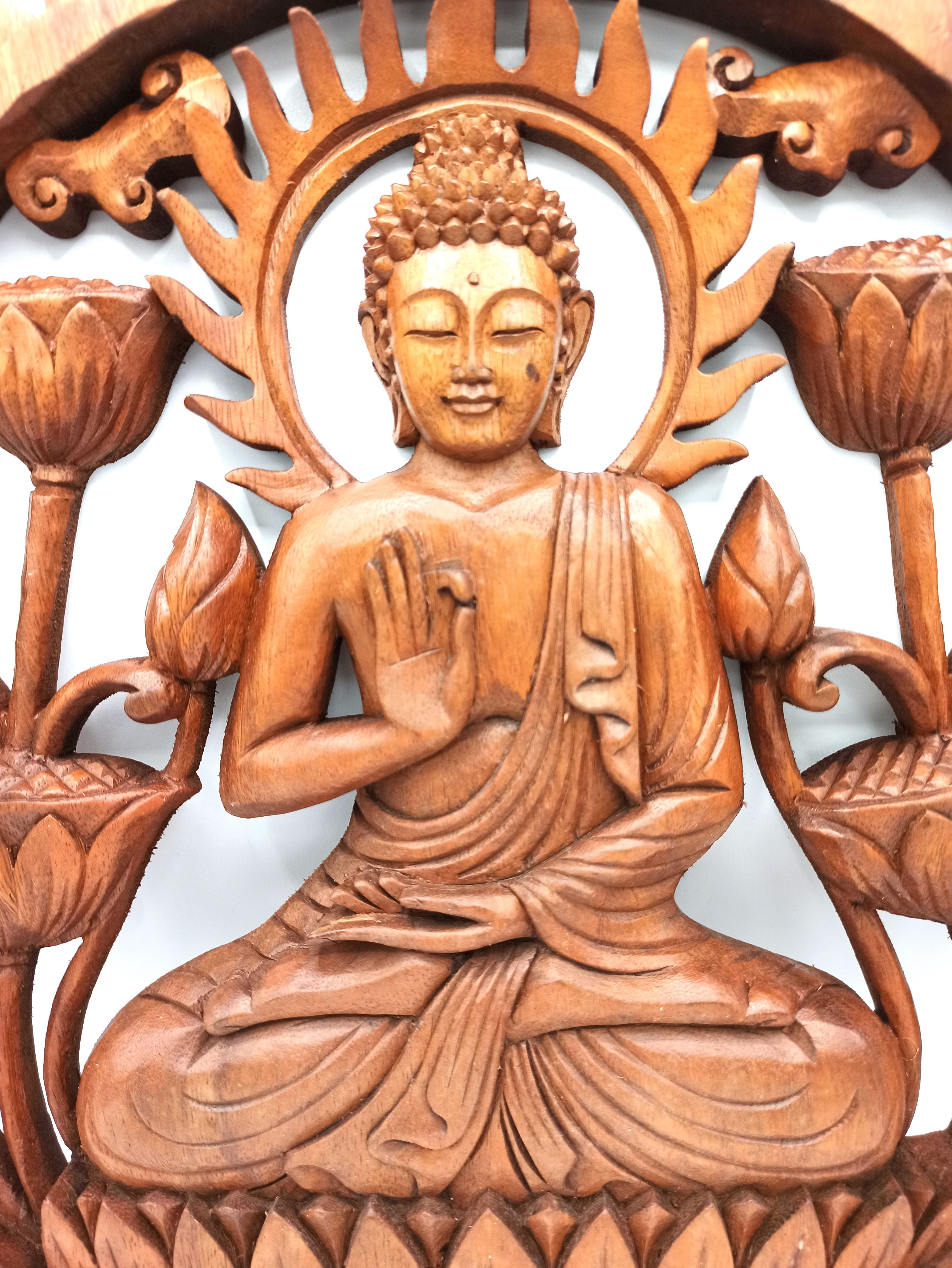 Wooden Panel - 40cm - Buddha & Lotus