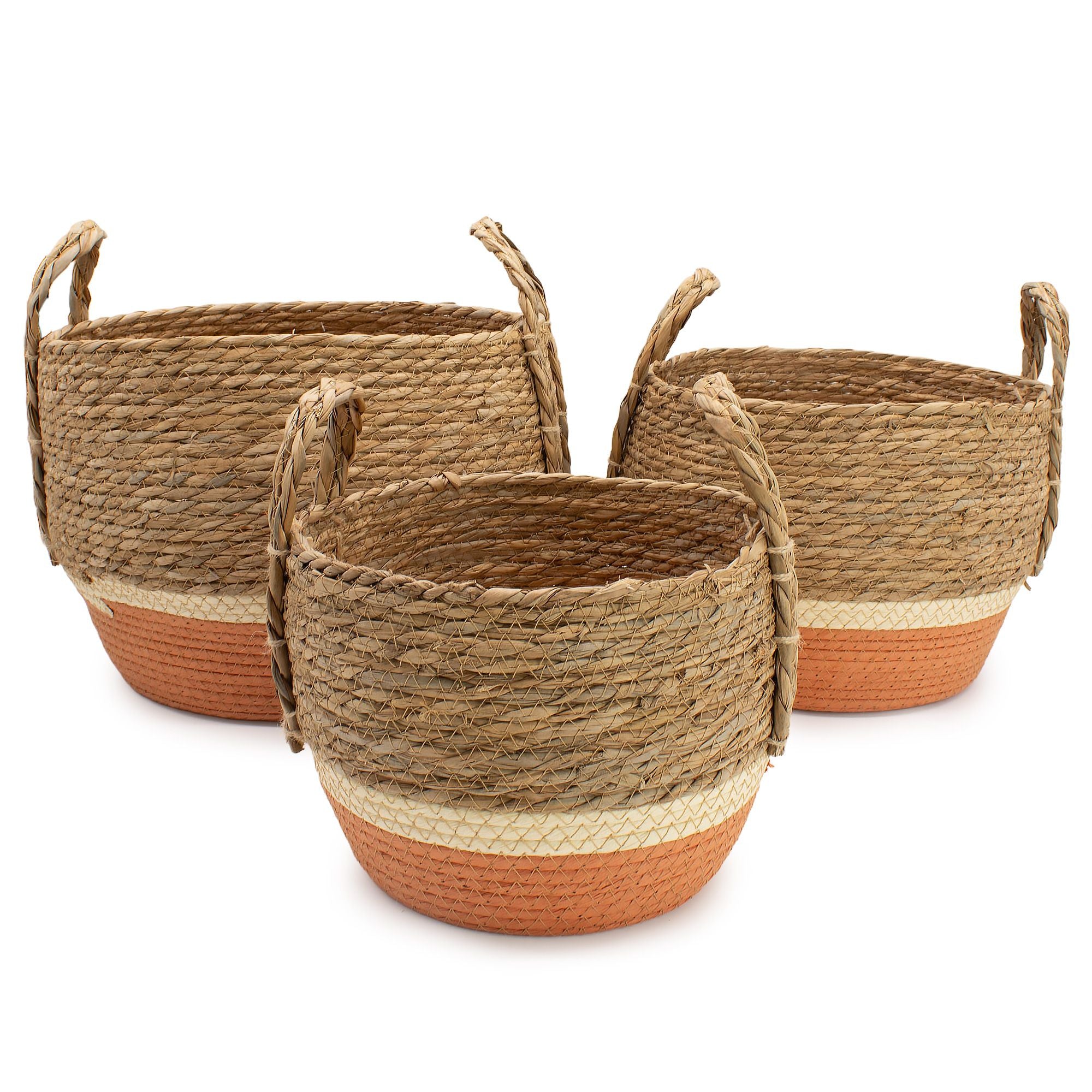 Seagrass & Straw Large Baskets - Natural & Orange- Set of 3
