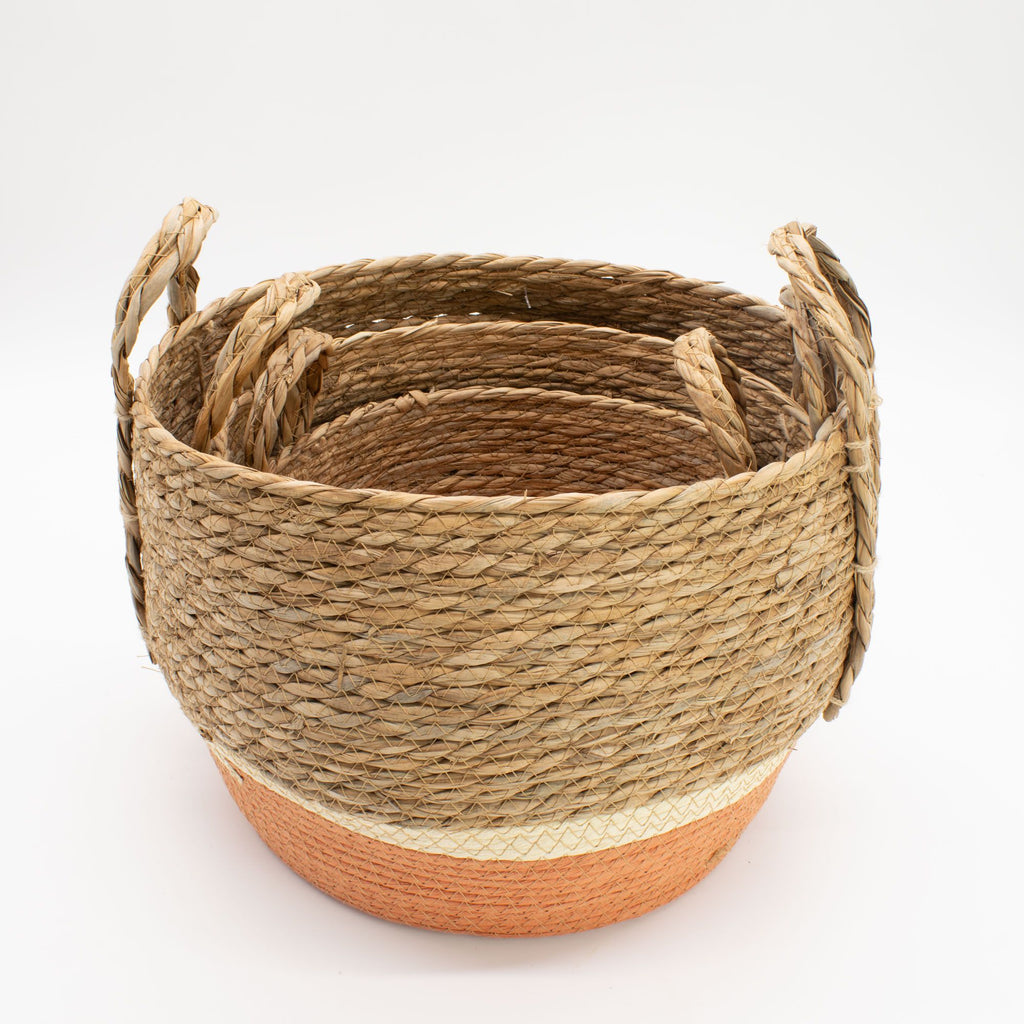Seagrass & Straw Large Baskets - Natural & Orange- Set of 3