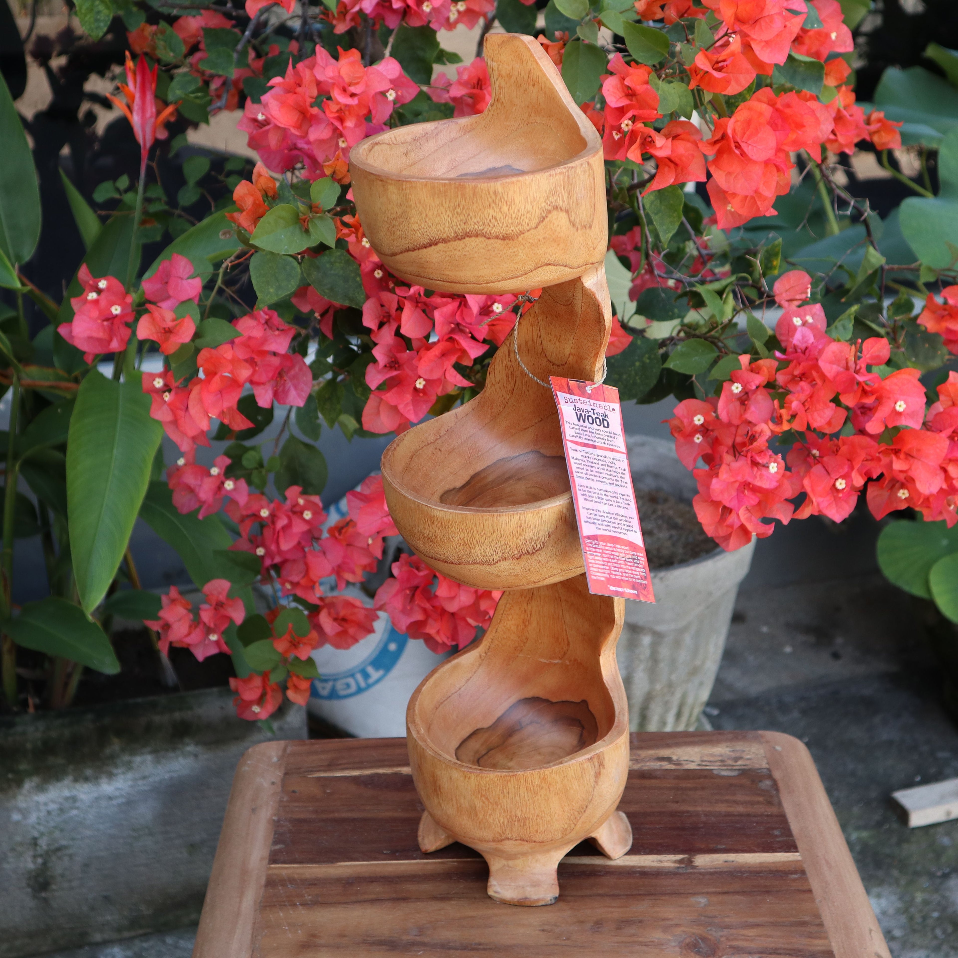 Rustic Teak 3-Tier Serving Bowl Stand