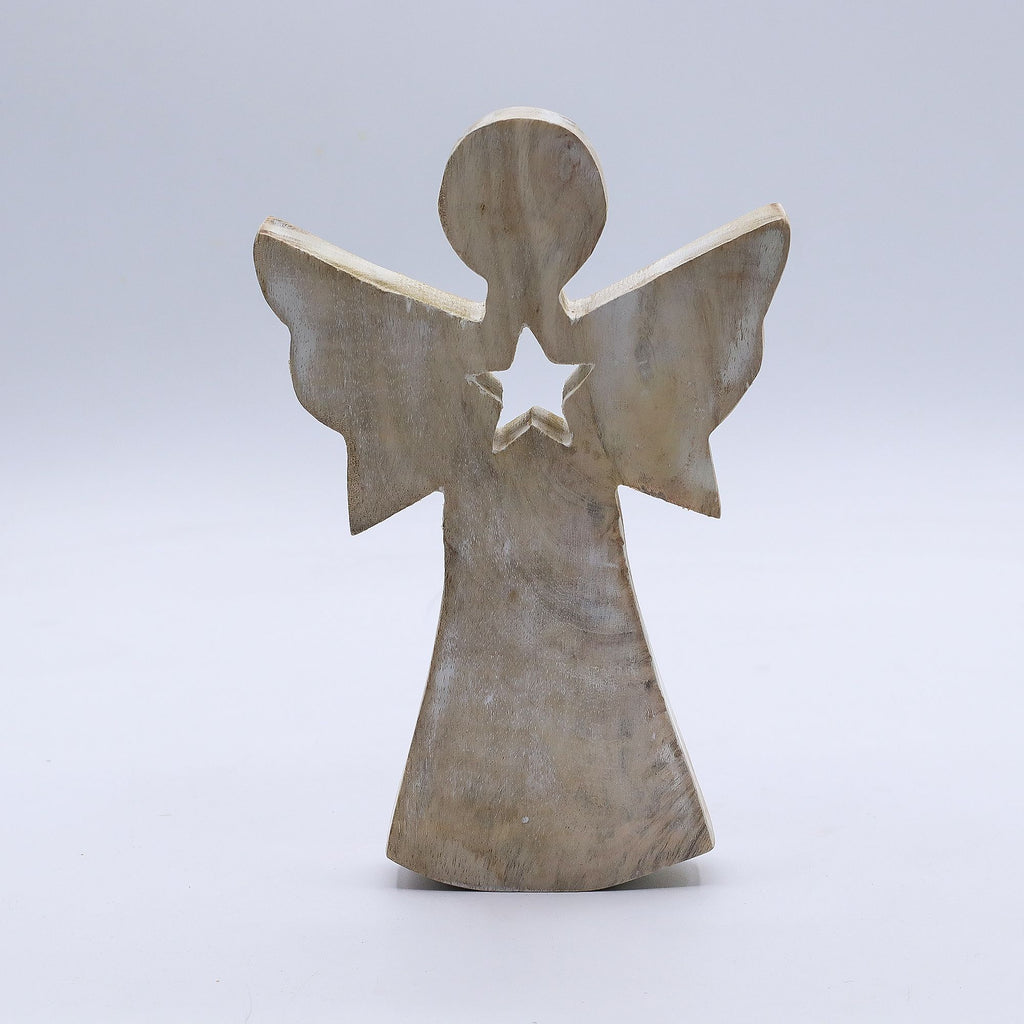 Mango Wood Angel - Whitewash with Star Cut Out 18cm