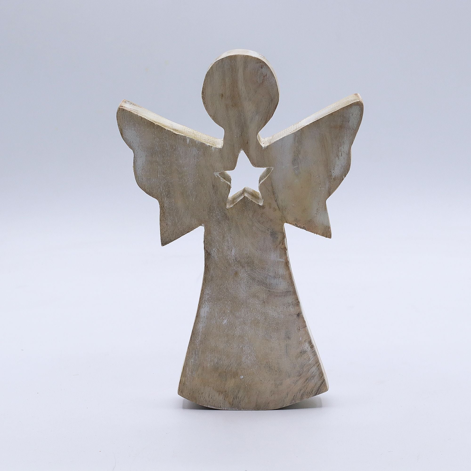 Mango Wood Angel - Whitewash with Star Cut Out 18cm