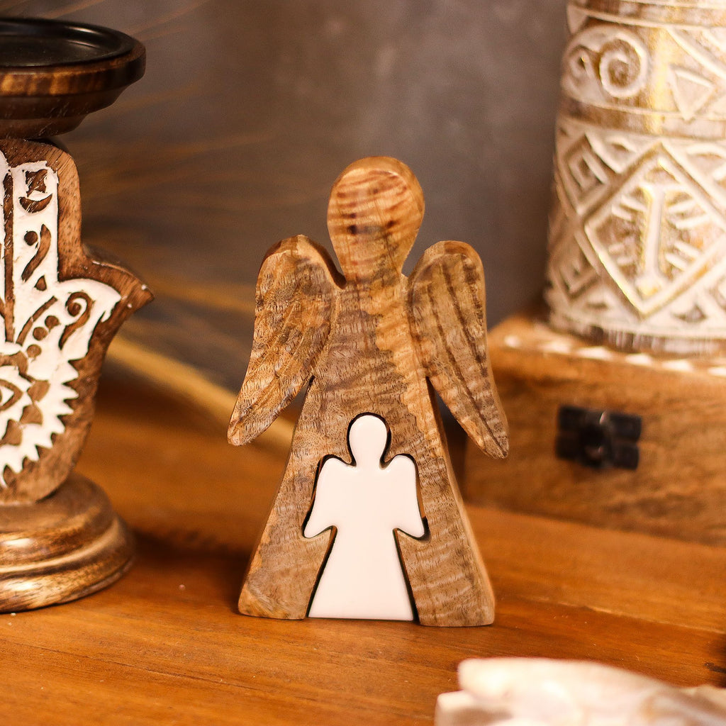 Mango Wood Angel - White Enamel 15cm