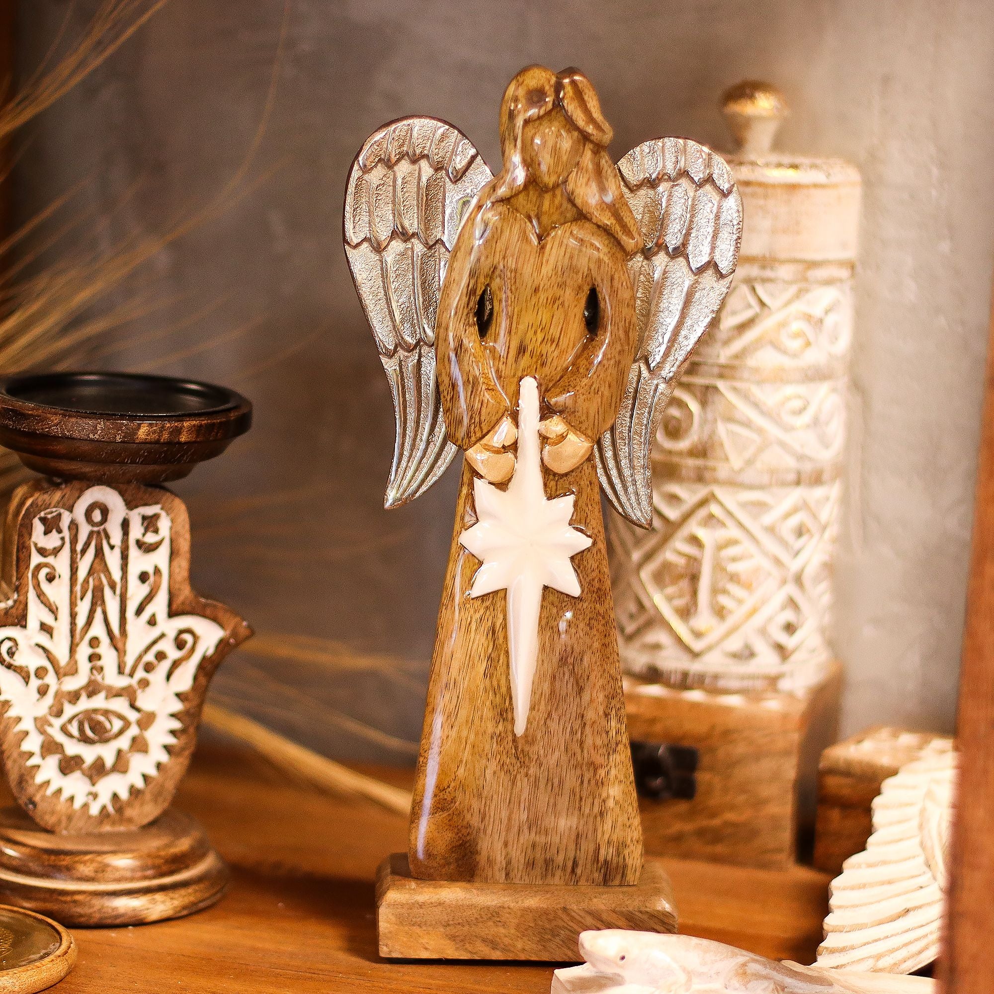 Large Mango Wood Peace Angel Metal Wings & Enamel Detail 30cm