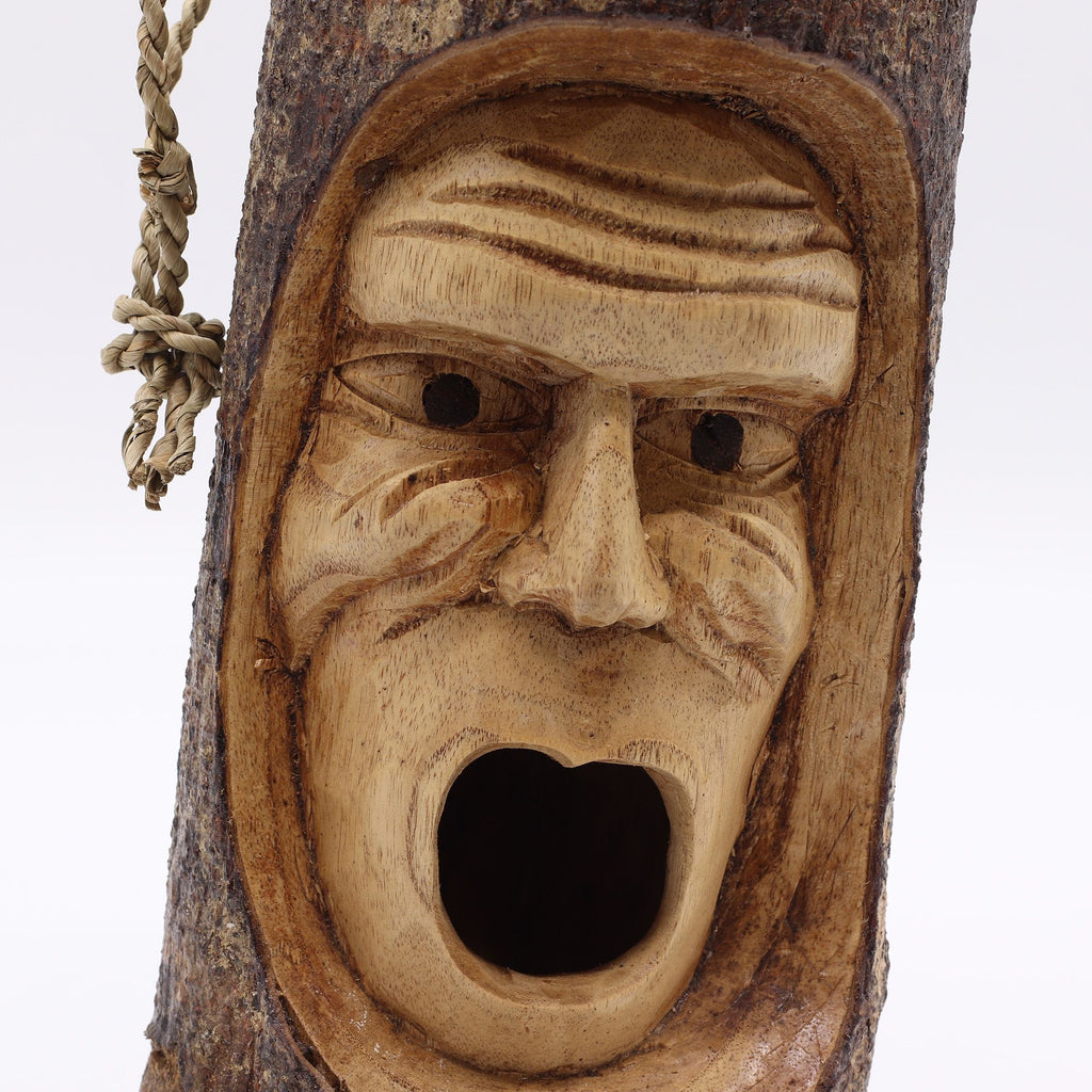 Rustic Wooden Bird House – Hand Carved Grumpy Old Man