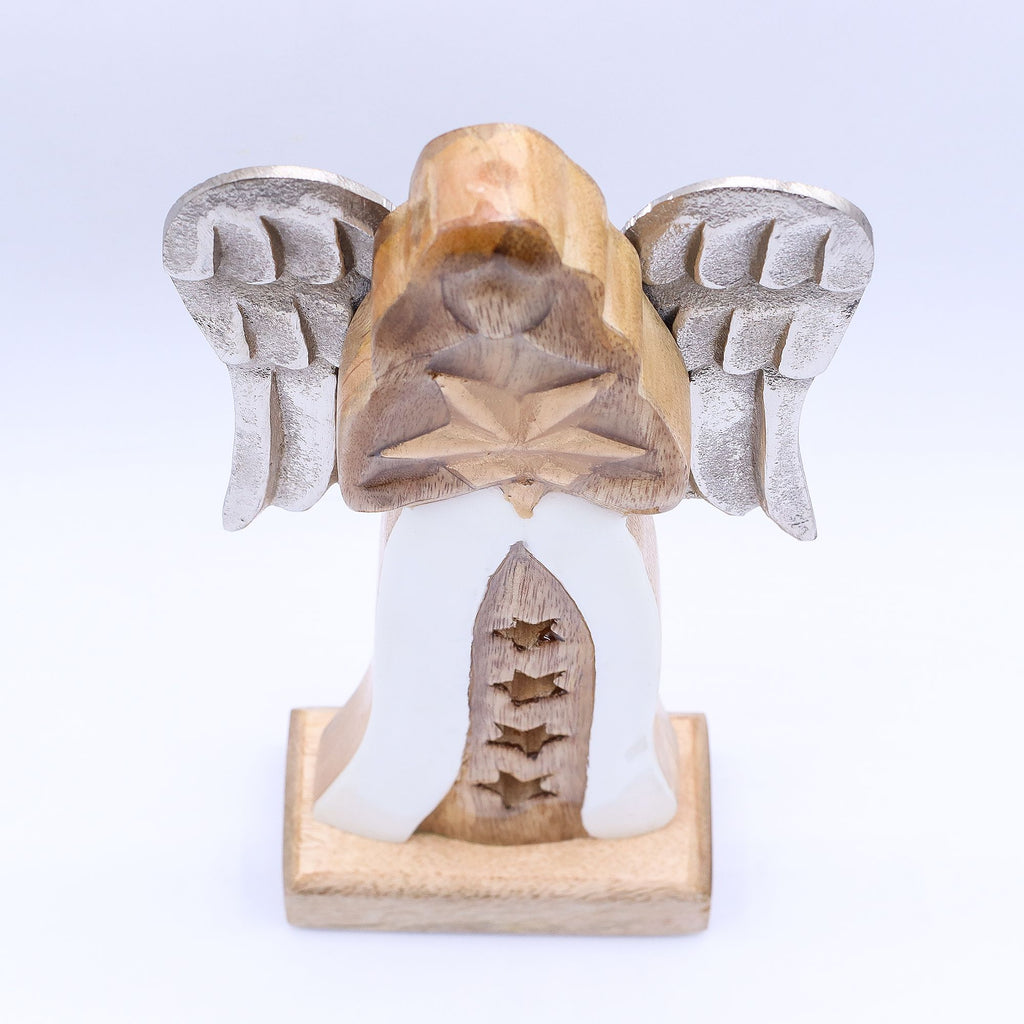 Large Mango Wood Star Angel Metal Wings & Enamel Detail 30cm
