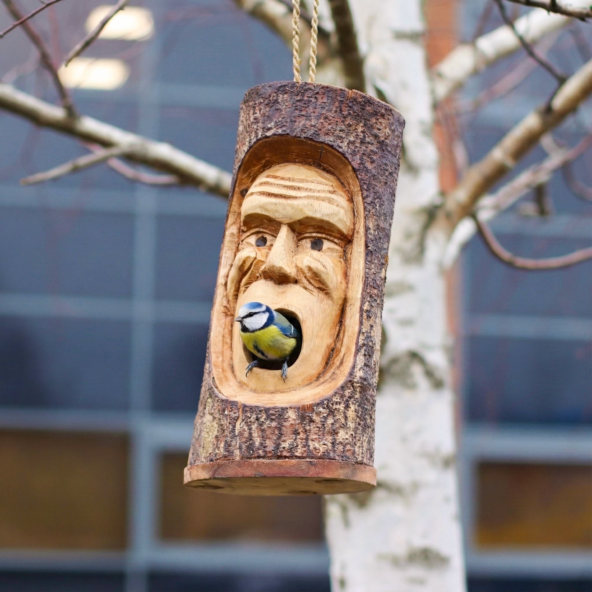 Rustic Wooden Bird House – Hand Carved Grumpy Old Man