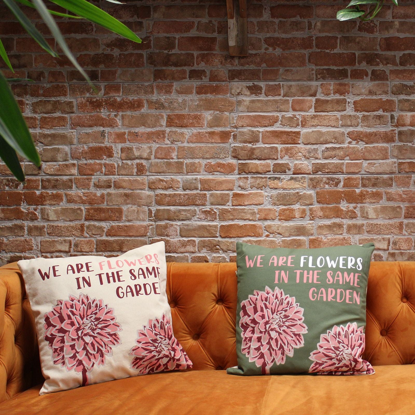 Set of 3 Cotton Cushion Cover - We are Flowers - Olive, Pink and Natural