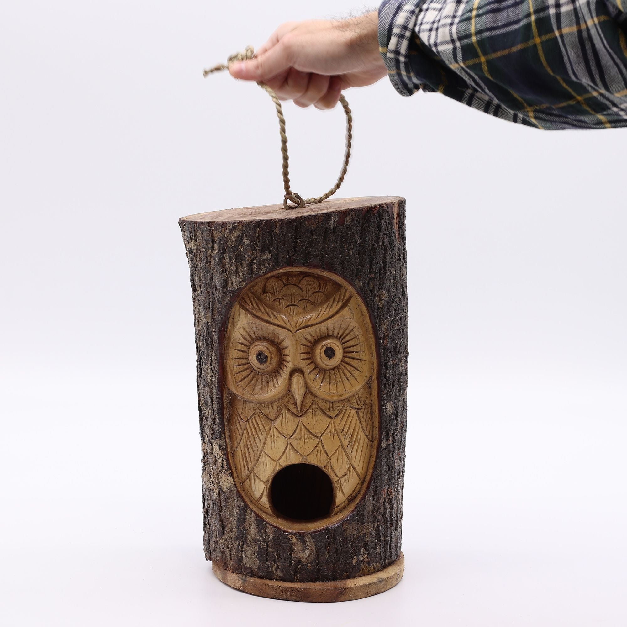 Rustic Wooden Bird House – Hand Carved Wise Owl