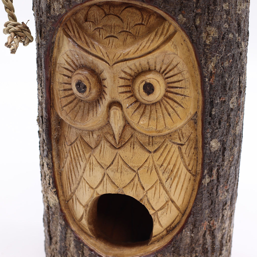 Rustic Wooden Bird House – Hand Carved Wise Owl