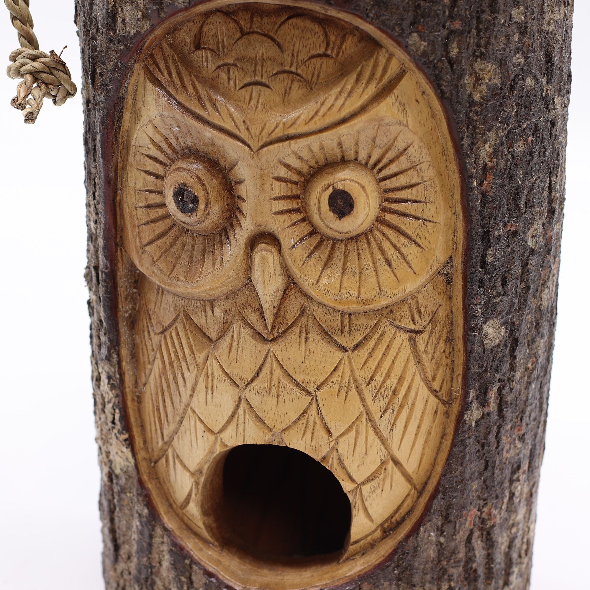 Rustic Wooden Bird House – Hand Carved Wise Owl