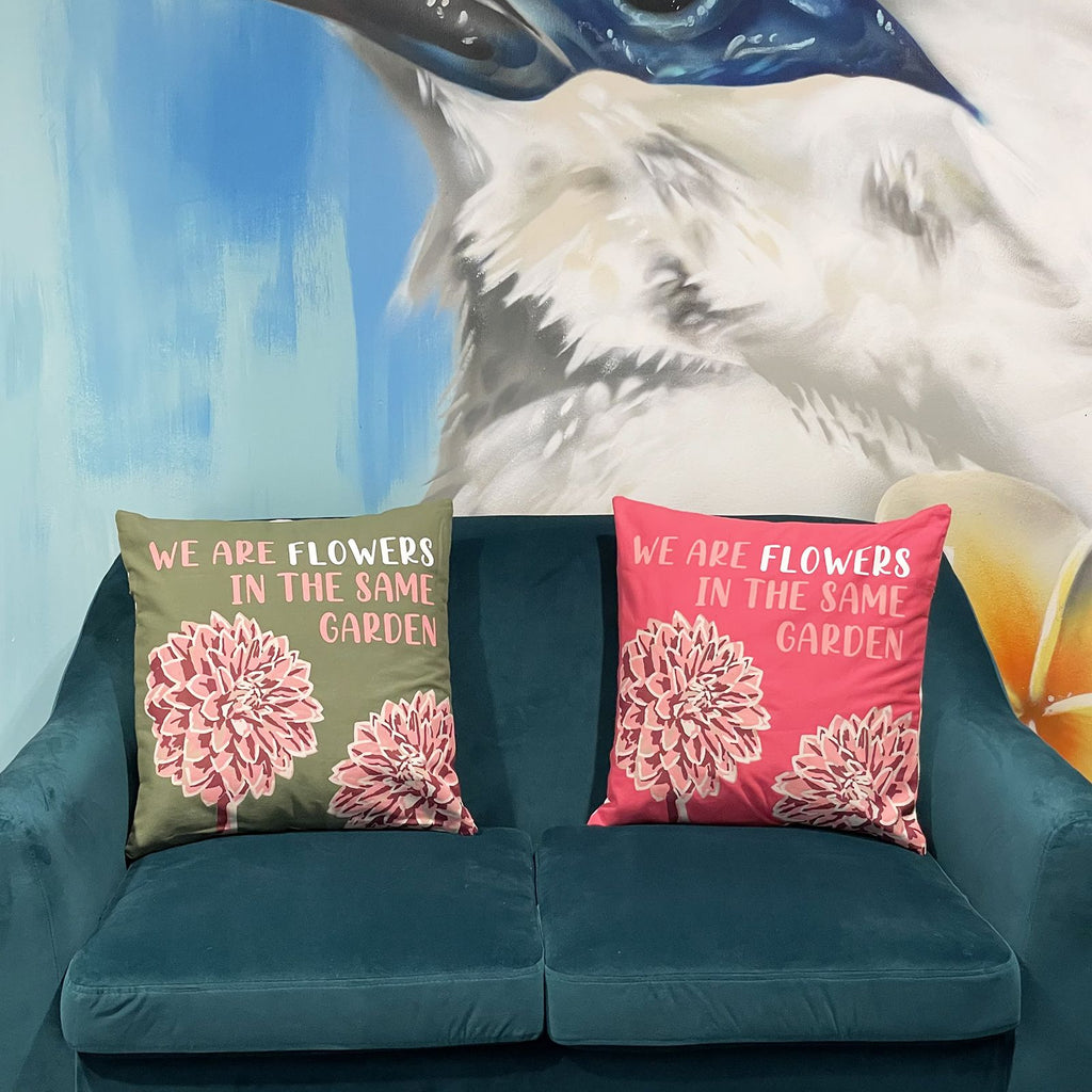 Set of 3 Cotton Cushion Cover - We are Flowers - Olive, Pink and Natural