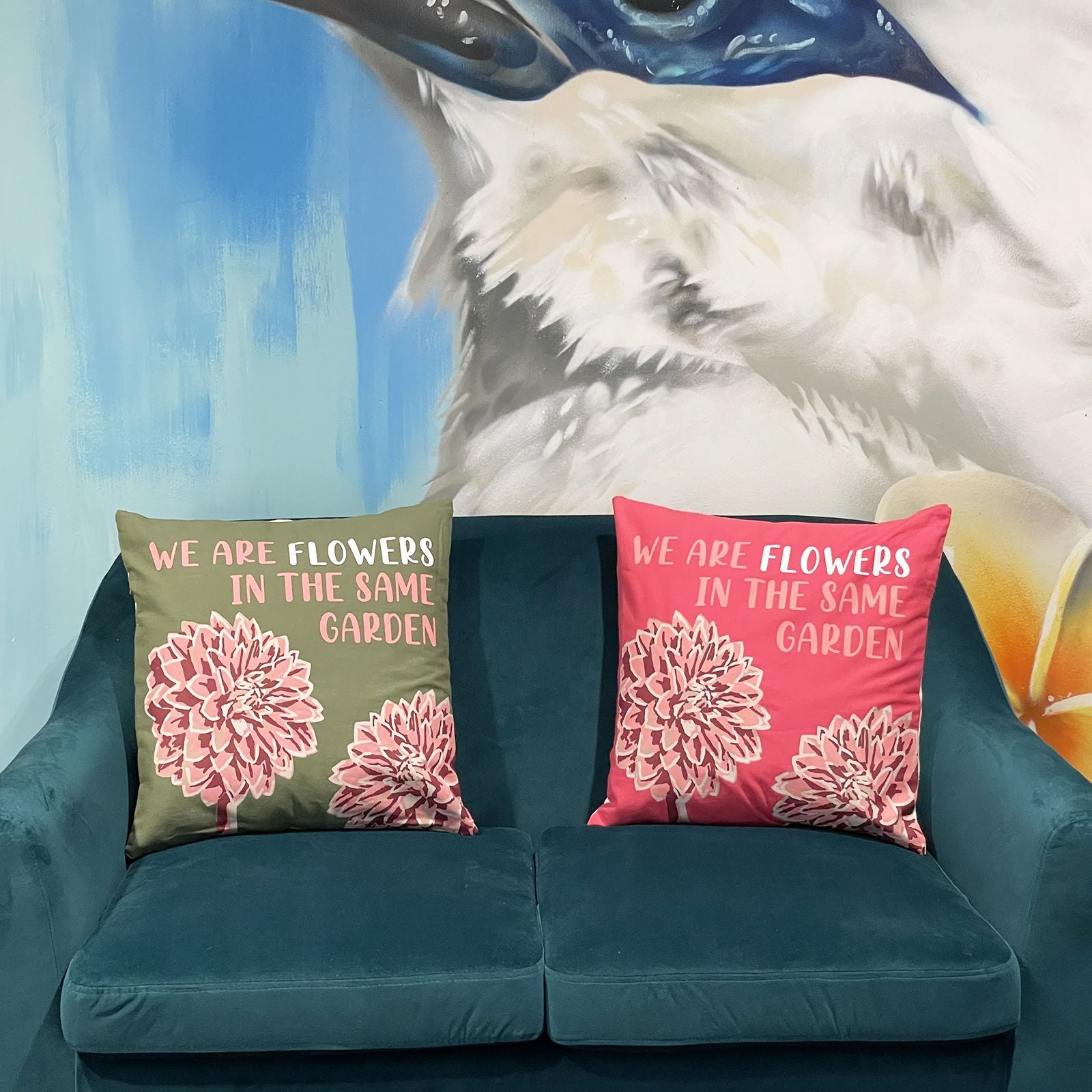 Set of 3 Cotton Cushion Cover - We are Flowers - Olive, Pink and Natural
