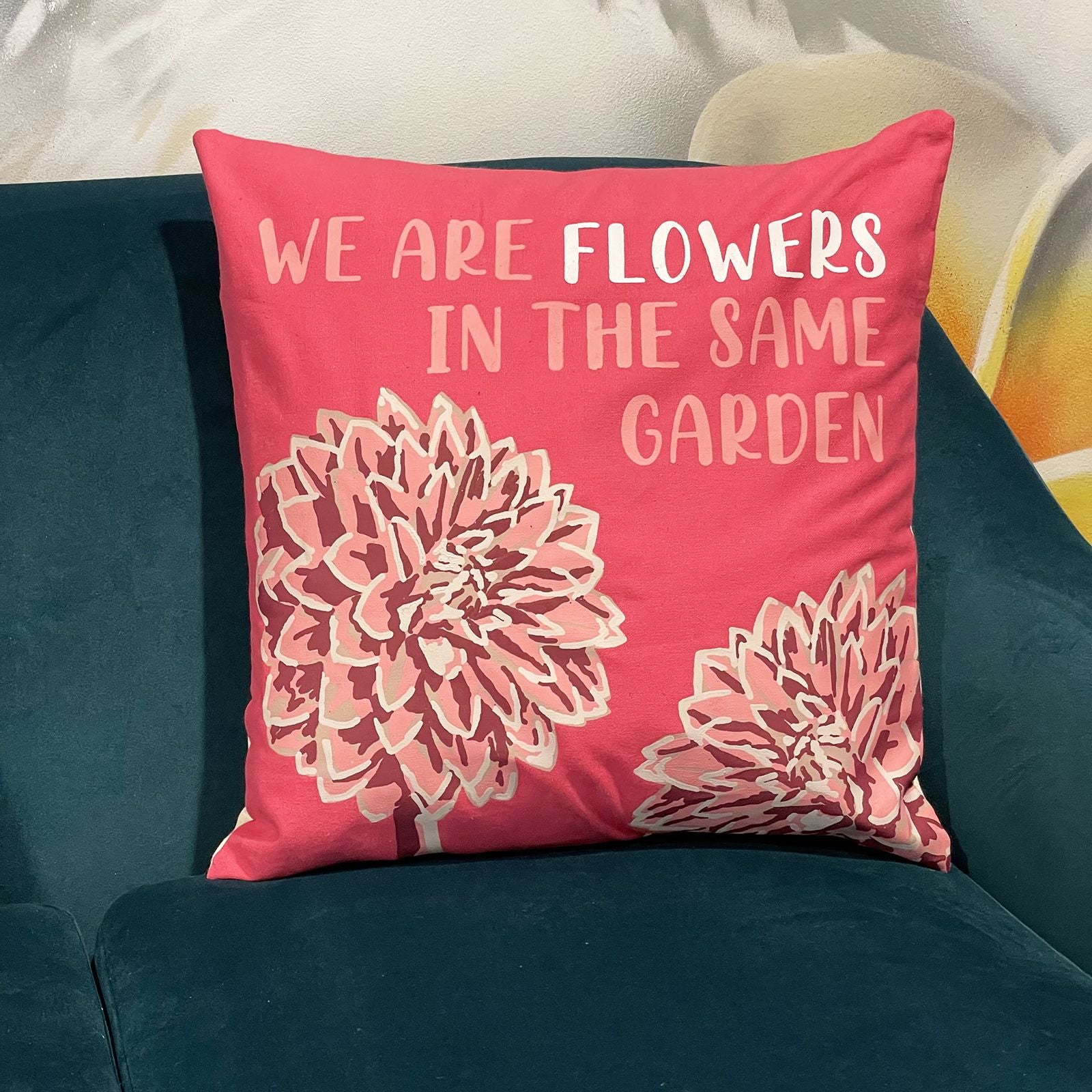 Set of 3 Cotton Cushion Cover - We are Flowers - Olive, Pink and Natural