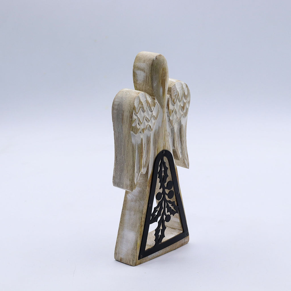 Mango Wood Angel - Whitewash with Iron Decor Cut Out 18cm