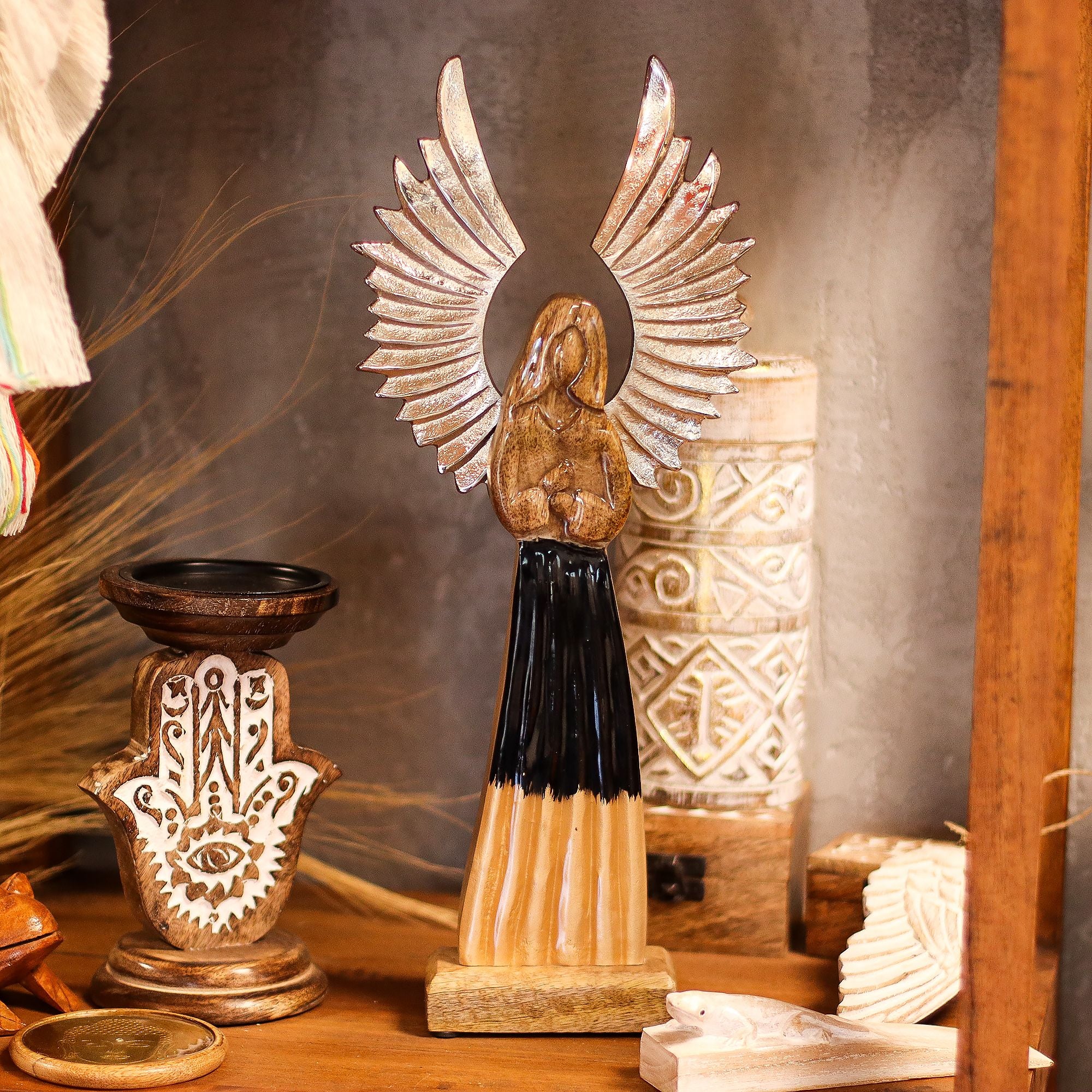 Large Mango Wood Gardian Angel Metal Wings & Enamel Detail 40cm