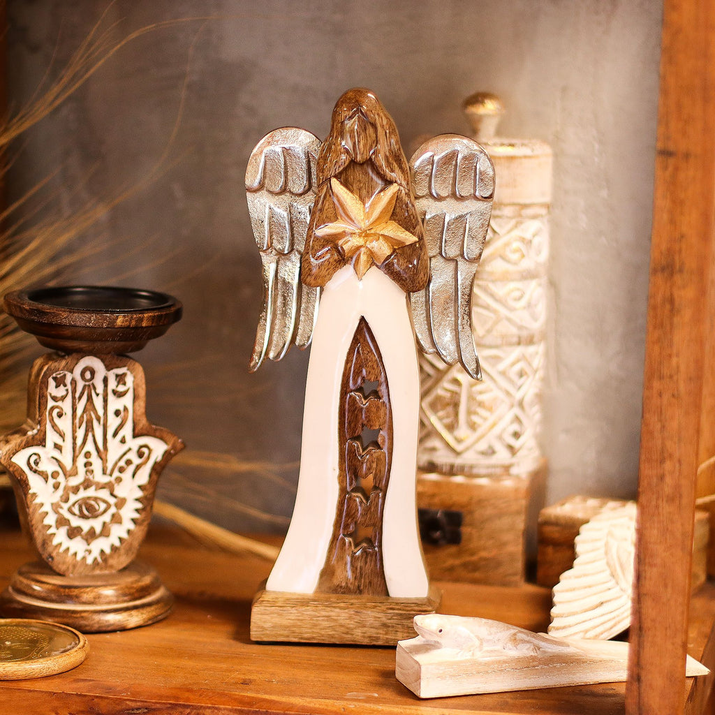 Large Mango Wood Star Angel Metal Wings & Enamel Detail 30cm