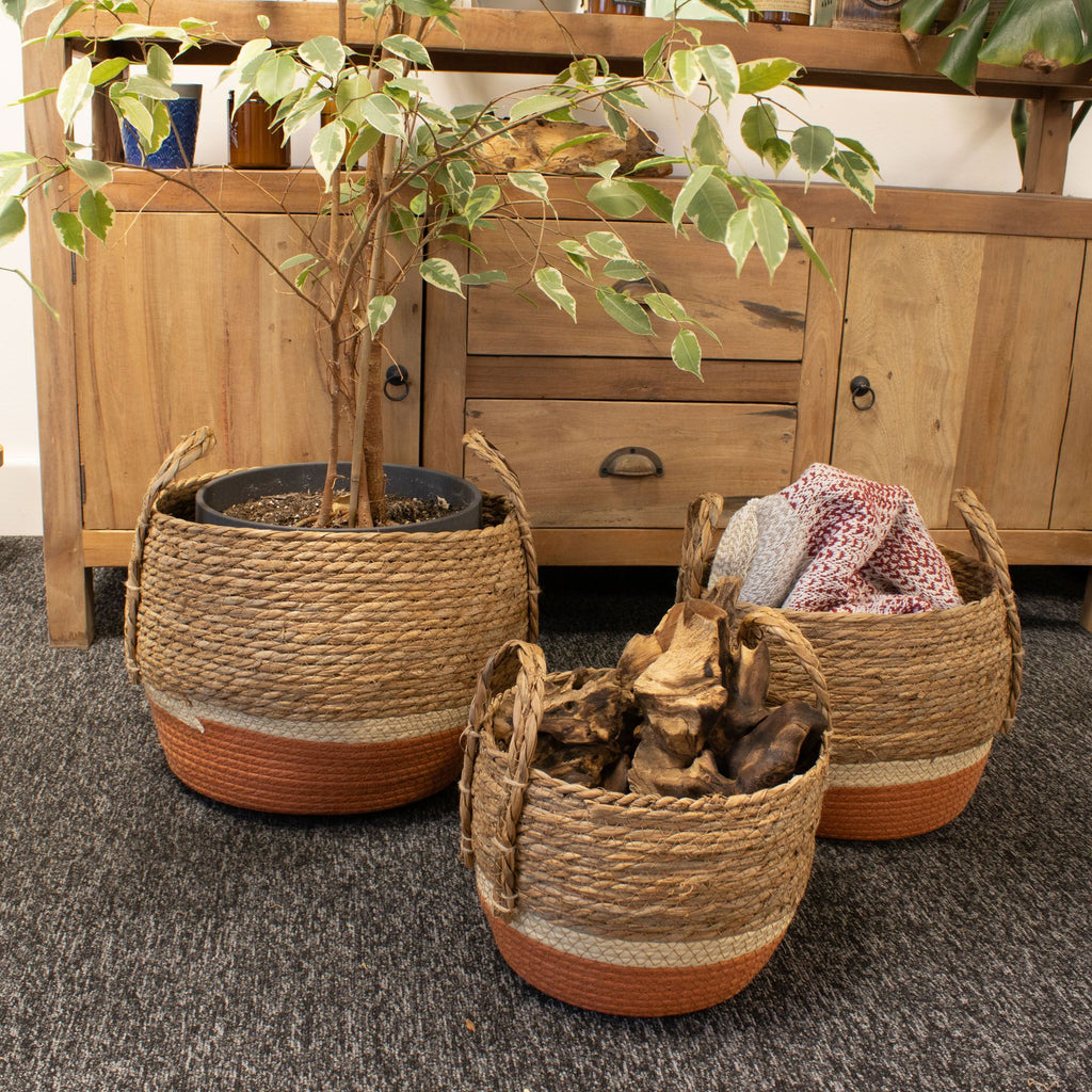 Seagrass & Straw Large Baskets - Natural & Orange- Set of 3