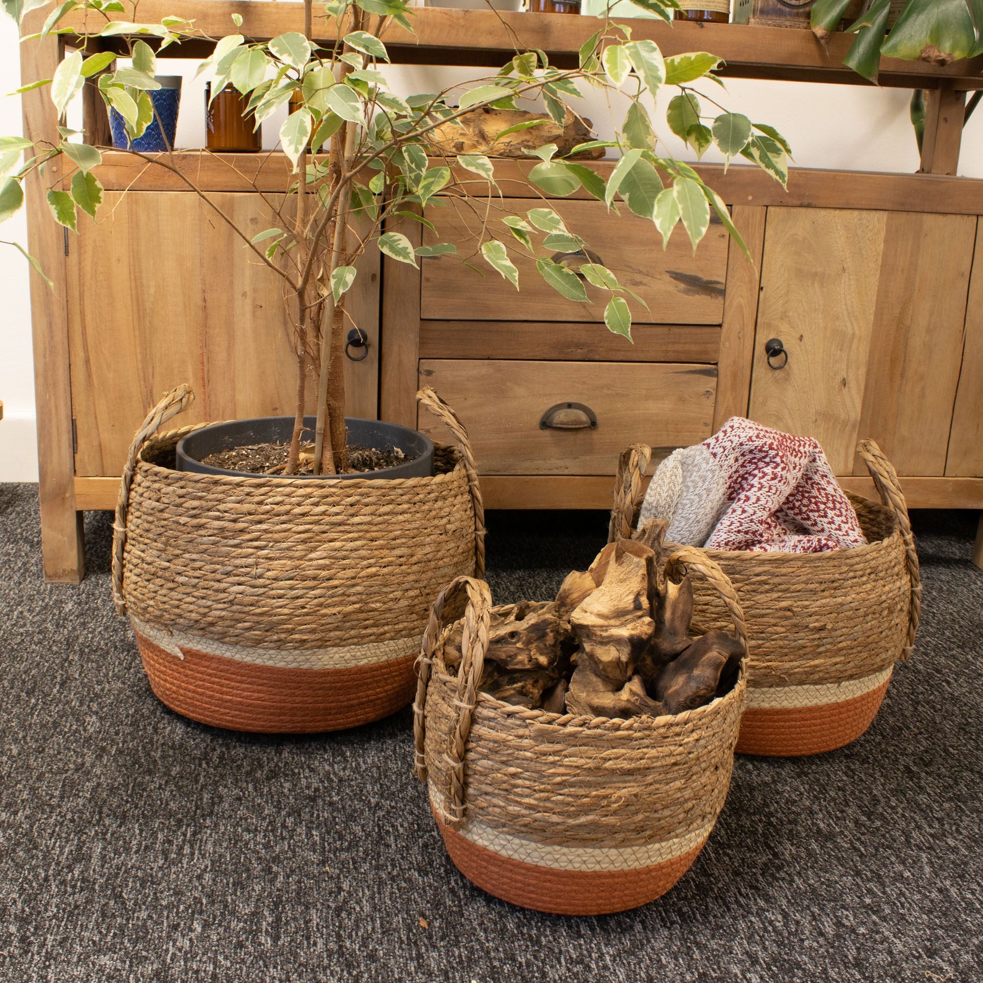 Seagrass & Straw Large Baskets - Natural & Orange- Set of 3