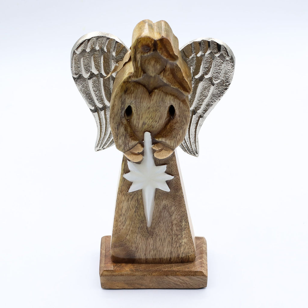 Large Mango Wood Peace Angel Metal Wings & Enamel Detail 30cm