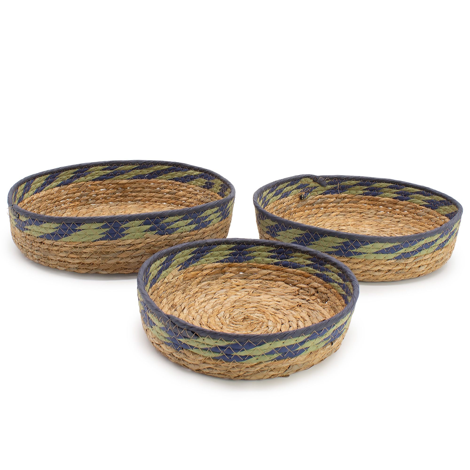 Seagrass & Straw Tray Baskets – Natural Green & Blue