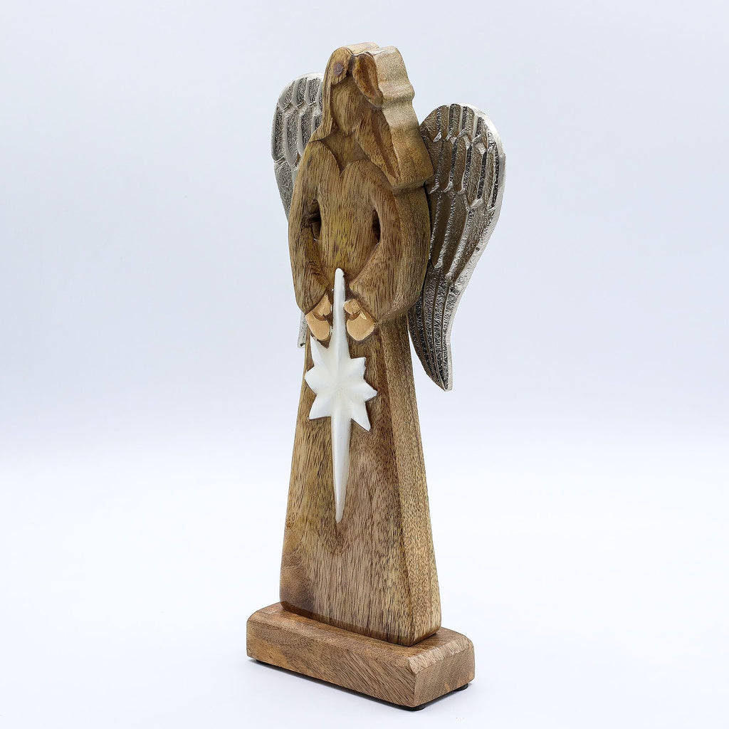 Large Mango Wood Peace Angel Metal Wings & Enamel Detail 30cm