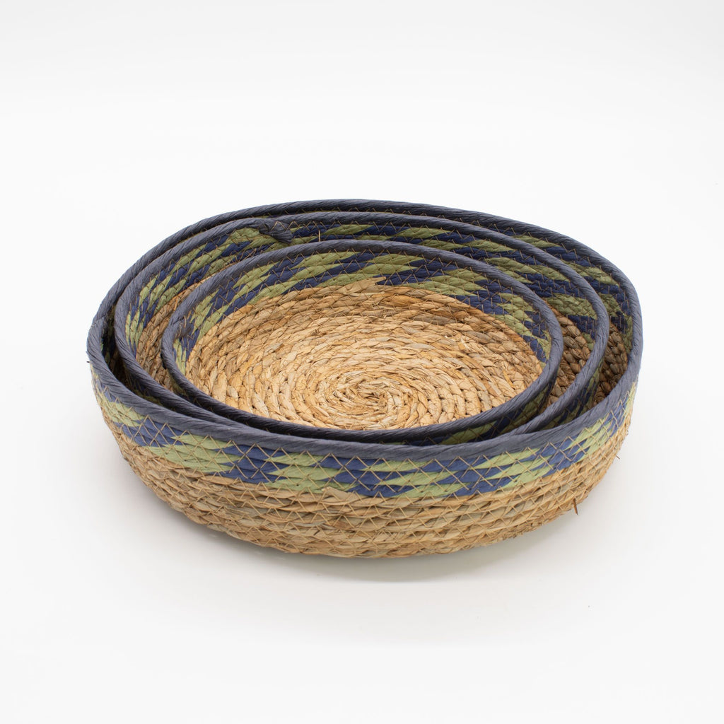 Seagrass & Straw Tray Baskets – Natural Green & Blue