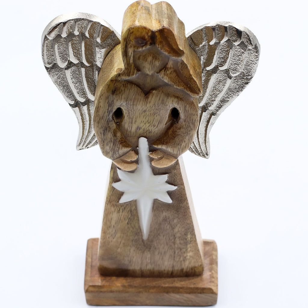 Large Mango Wood Peace Angel Metal Wings & Enamel Detail 30cm