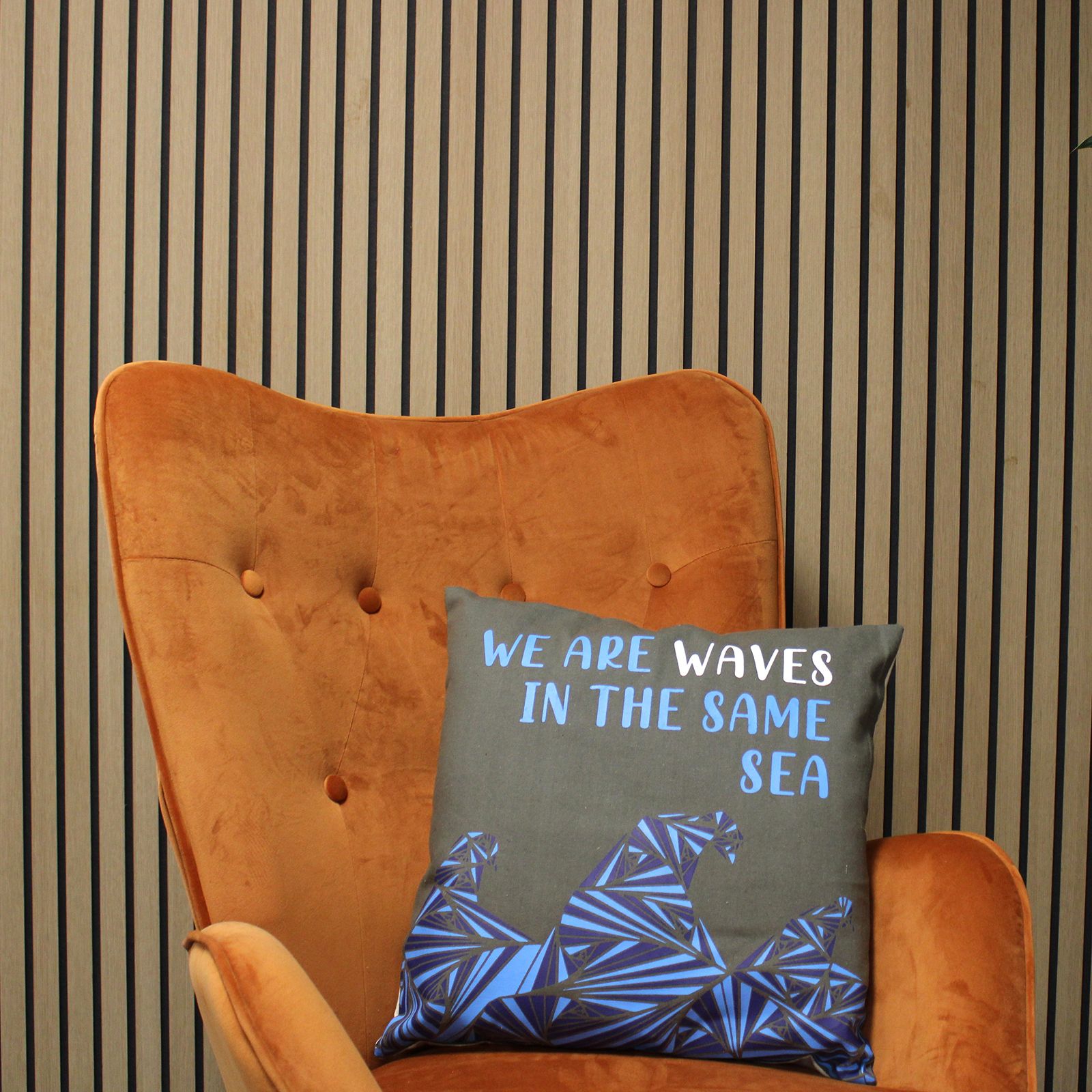 Set of 3 Cotton Cushion Cover - We are Waves - Grey, Blue and Natural