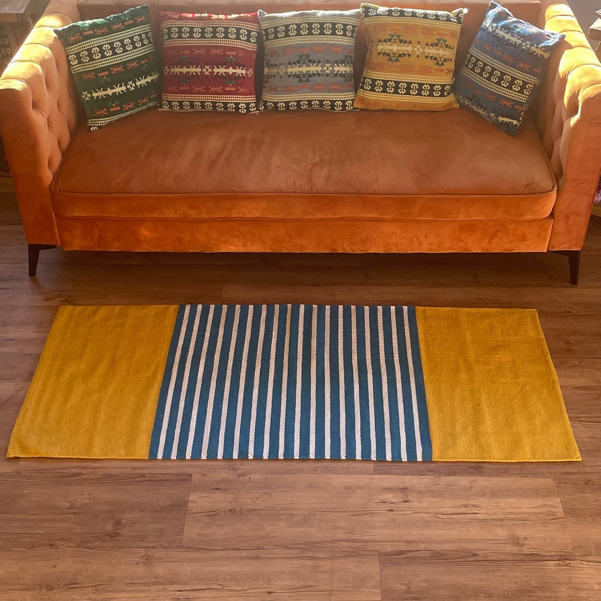 Indian Cotton Rug - Yellow/Blue