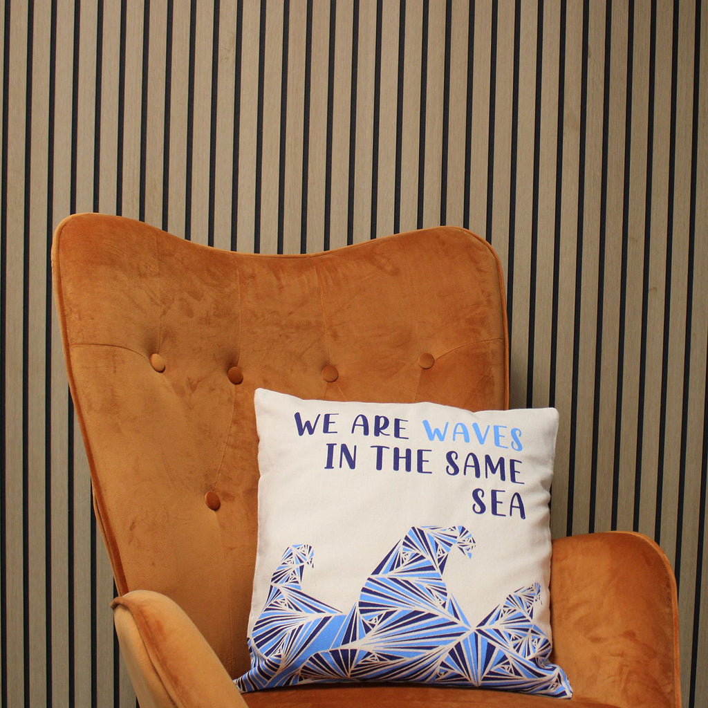 Set of 3 Cotton Cushion Cover - We are Waves - Grey, Blue and Natural