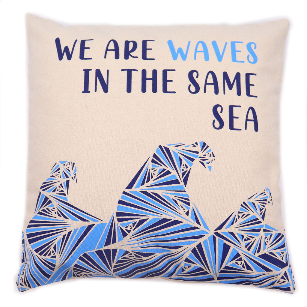 Set of 3 Cotton Cushion Cover - We are Waves - Grey, Blue and Natural
