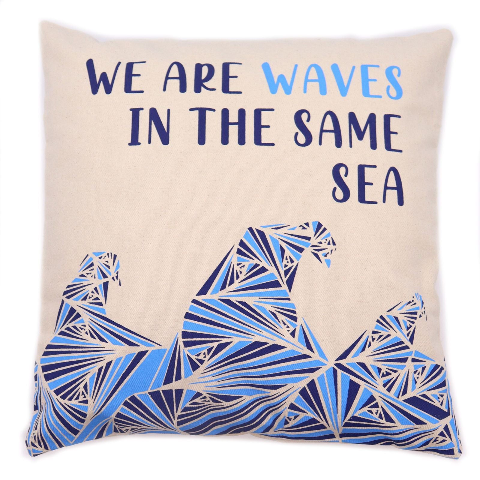 Set of 3 Cotton Cushion Cover - We are Waves - Grey, Blue and Natural