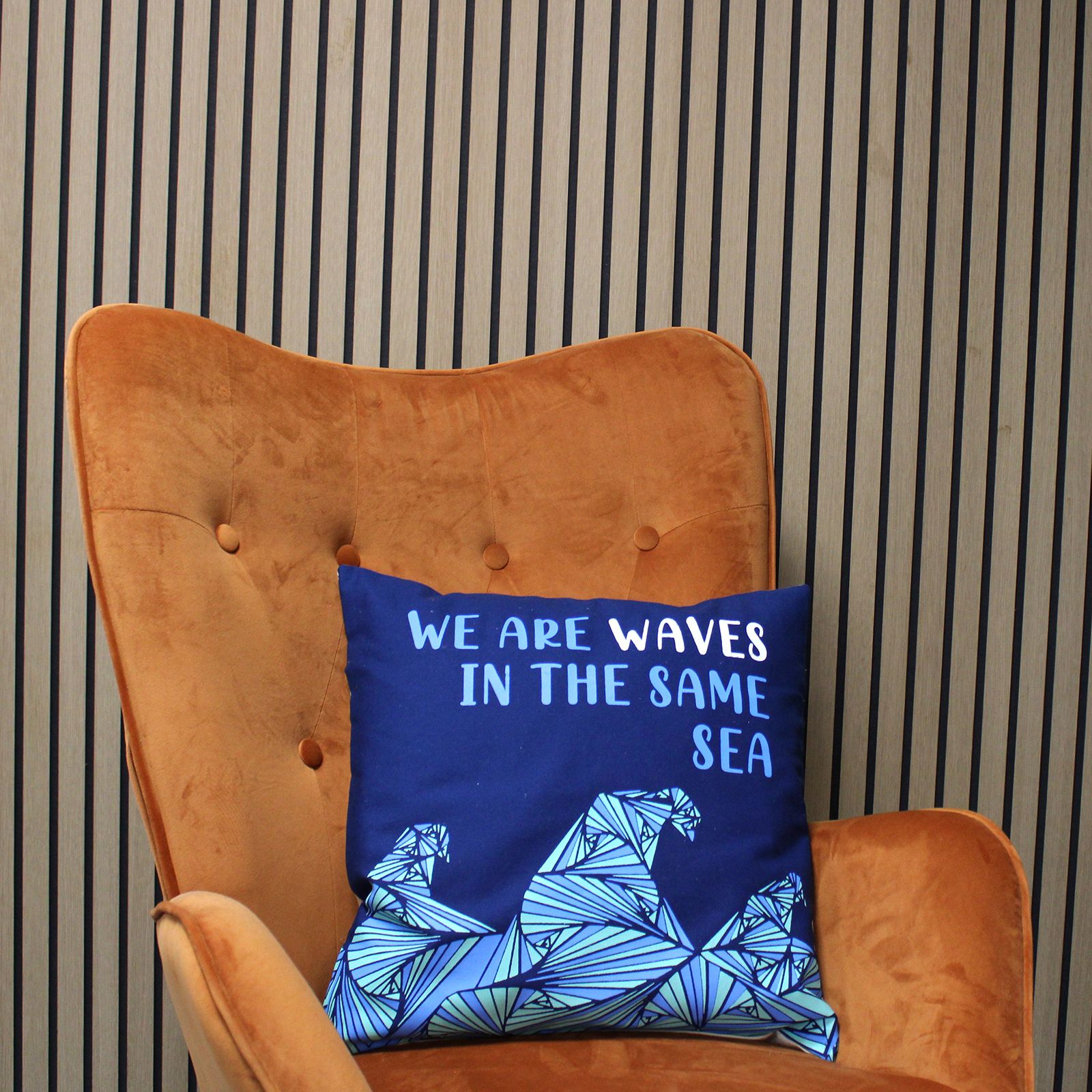 Set of 3 Cotton Cushion Cover - We are Waves - Grey, Blue and Natural