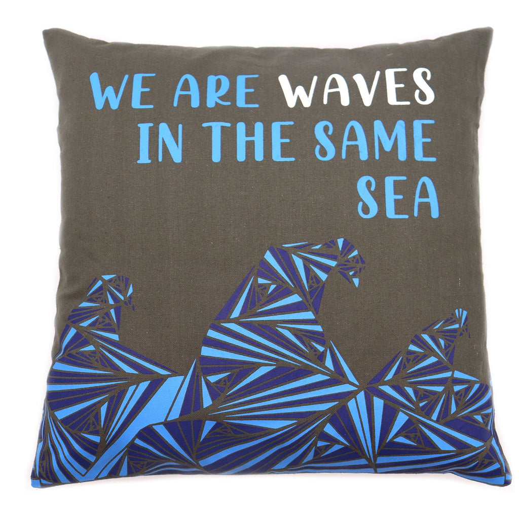 Set of 3 Cotton Cushion Cover - We are Waves - Grey, Blue and Natural