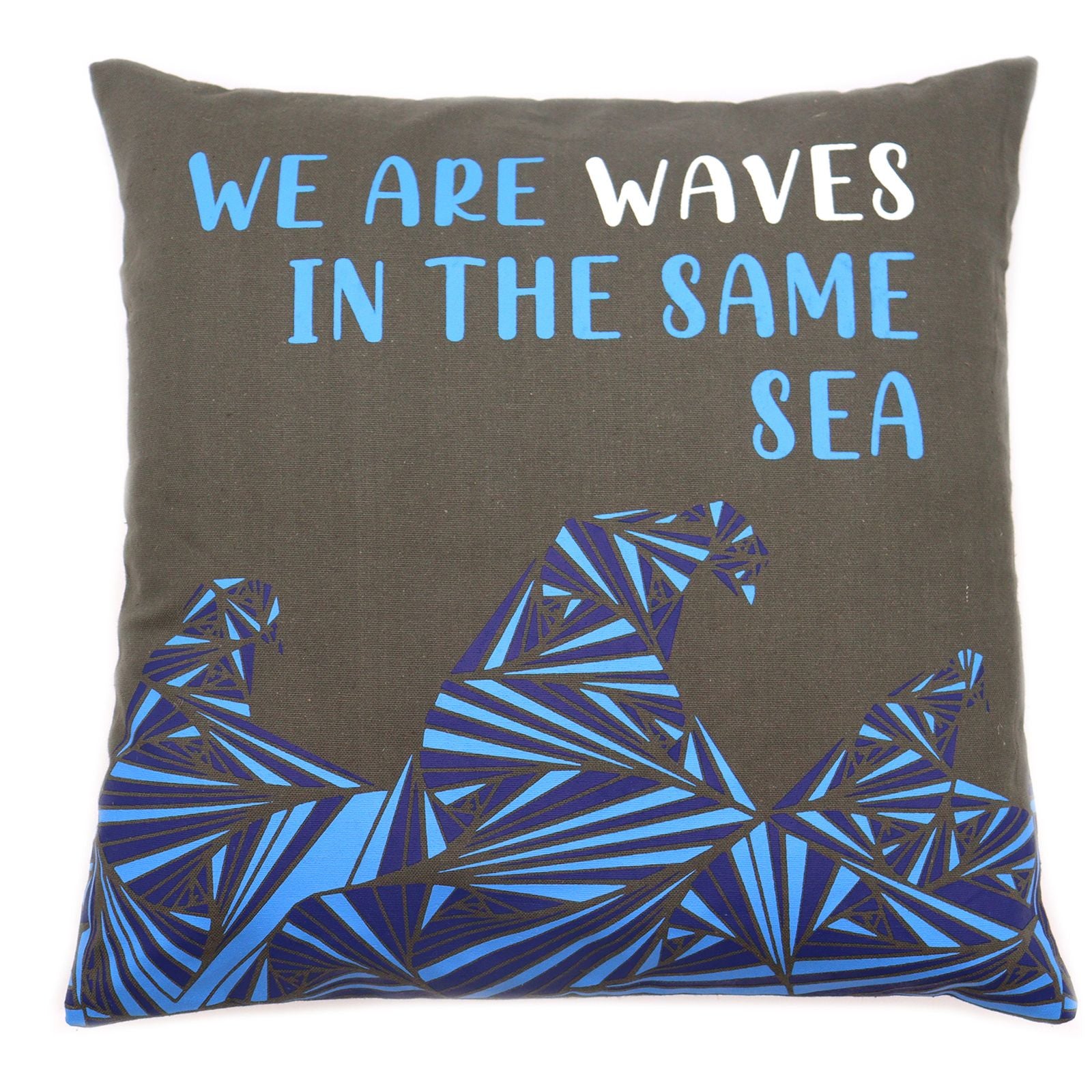 Set of 3 Cotton Cushion Cover - We are Waves - Grey, Blue and Natural
