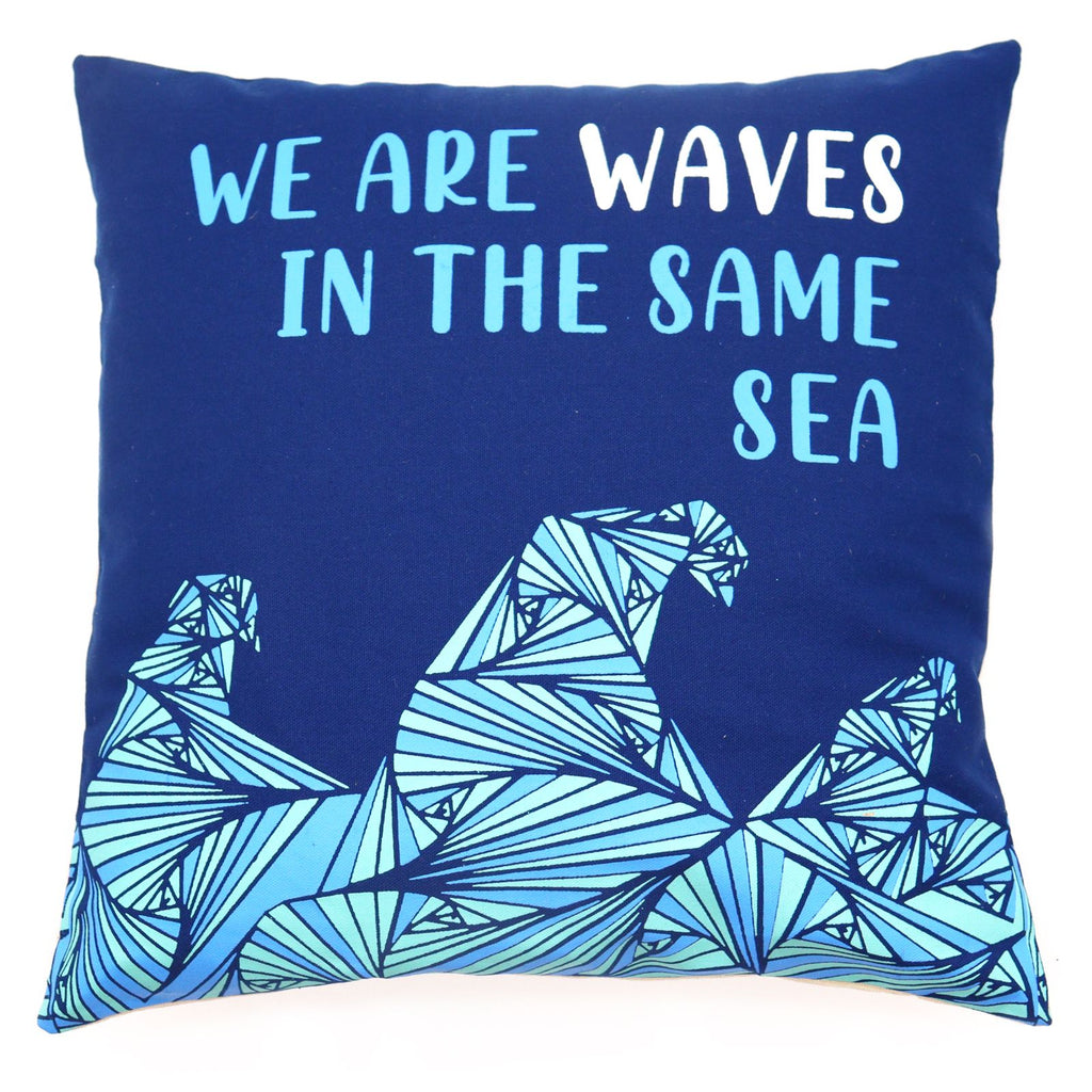 Set of 3 Cotton Cushion Cover - We are Waves - Grey, Blue and Natural
