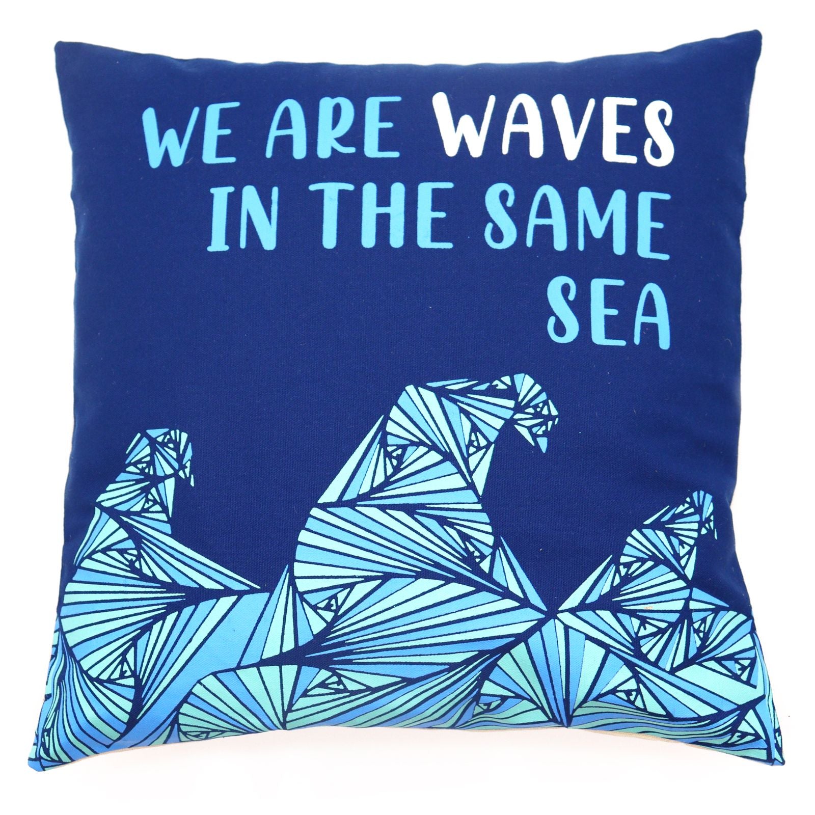 Set of 3 Cotton Cushion Cover - We are Waves - Grey, Blue and Natural