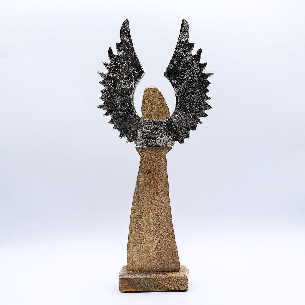 Large Mango Wood Gardian Angel Metal Wings & Enamel Detail 40cm