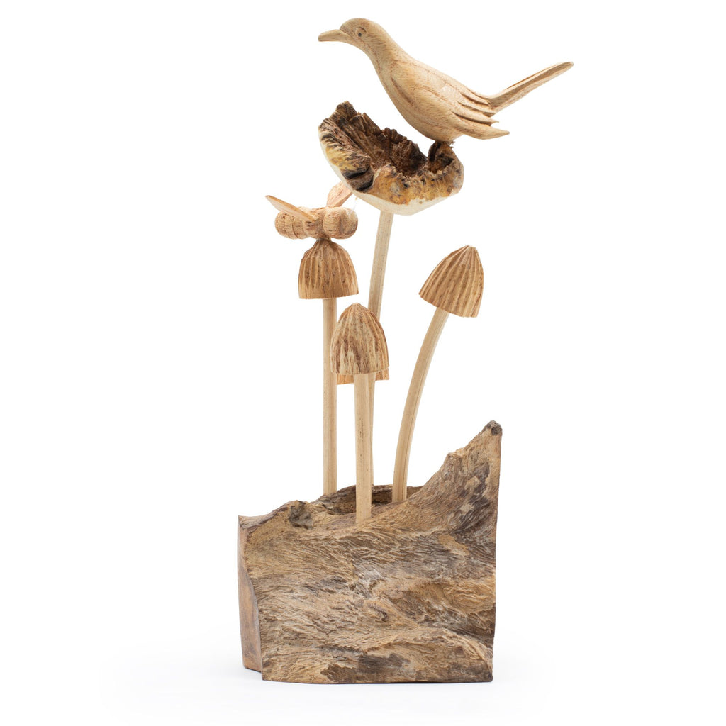 Bird & Bee on Mushrooms - Parasite Wood Art Carving