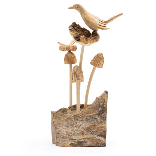 Bird & Bee on Mushrooms - Parasite Wood Art Carving