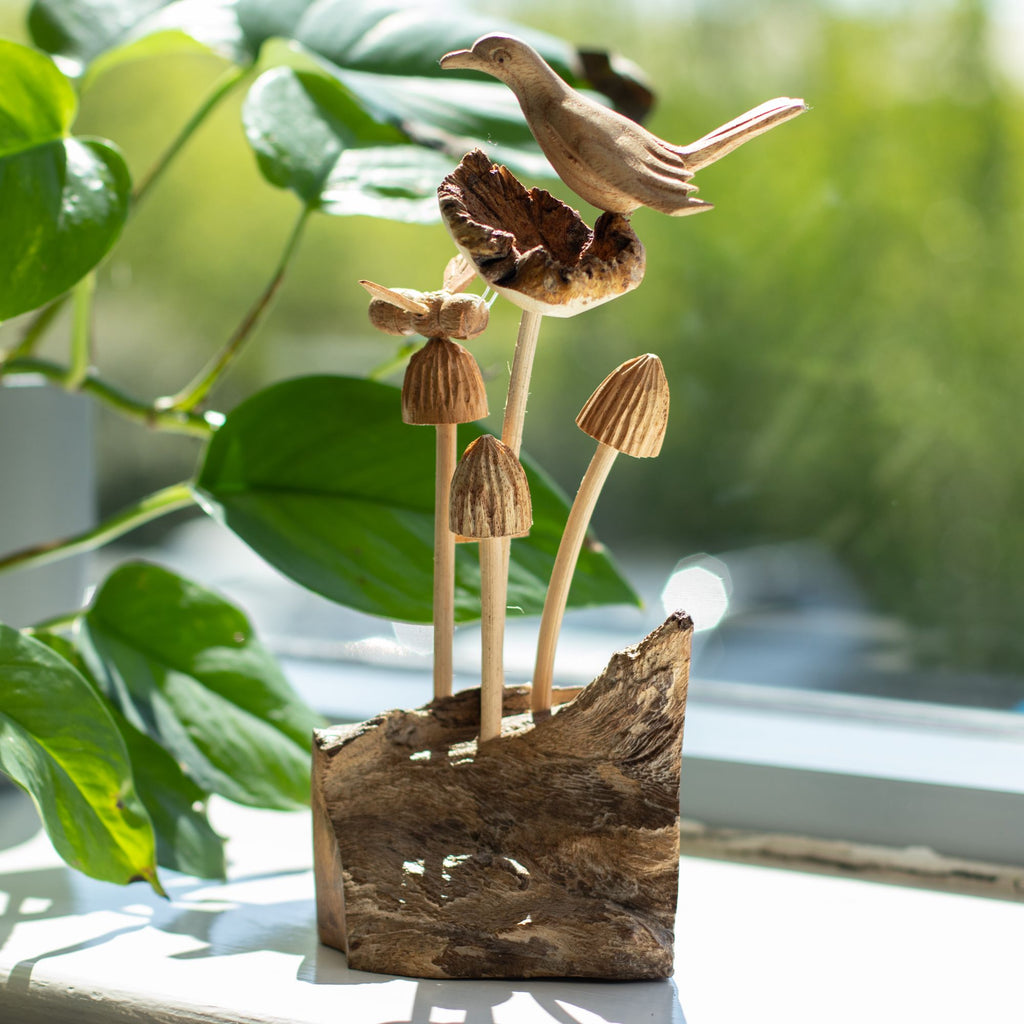 Bird & Bee on Mushrooms - Parasite Wood Art Carving