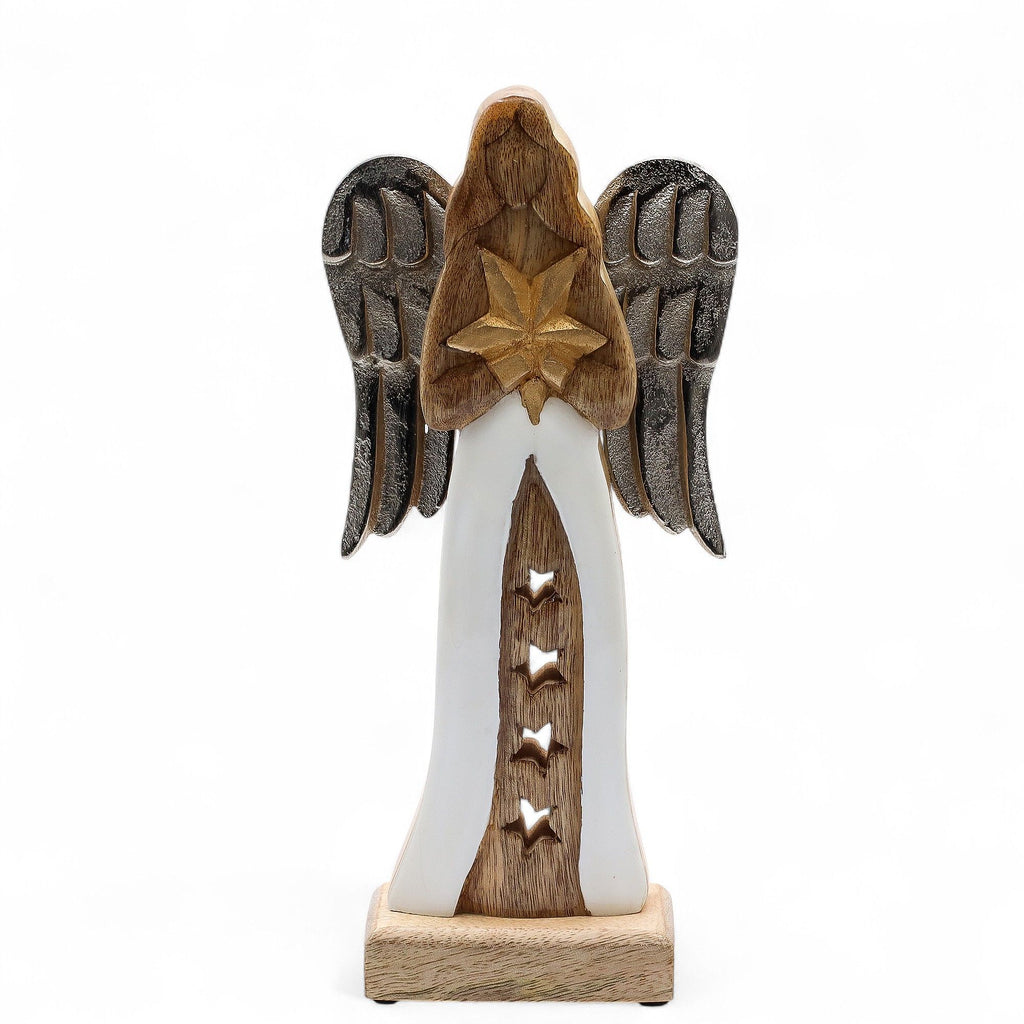 Large Mango Wood Star Angel Metal Wings & Enamel Detail 30cm