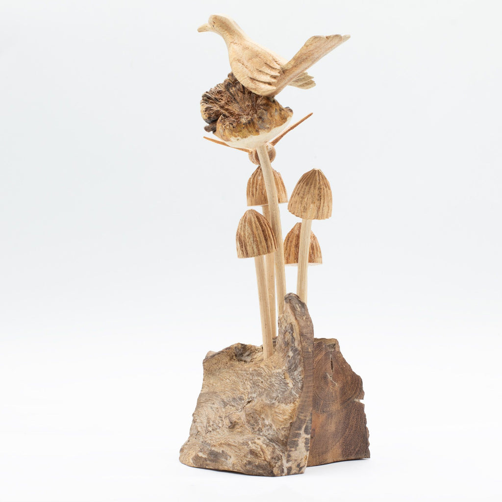 Bird & Bee on Mushrooms - Parasite Wood Art Carving